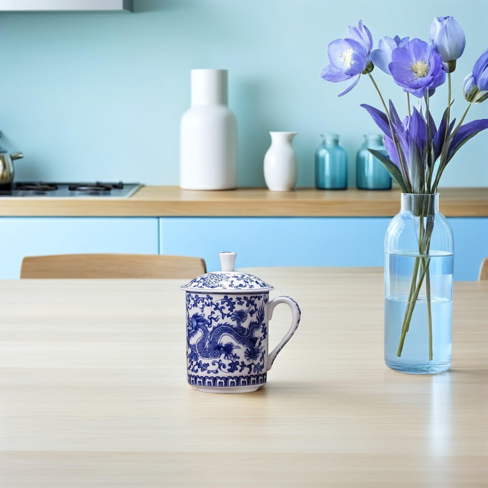 Gatuida Taza de Azul y con Tapa Diseño Retro Gran Capacidad para Café y Té Multipropósito para Hogar y Oficina