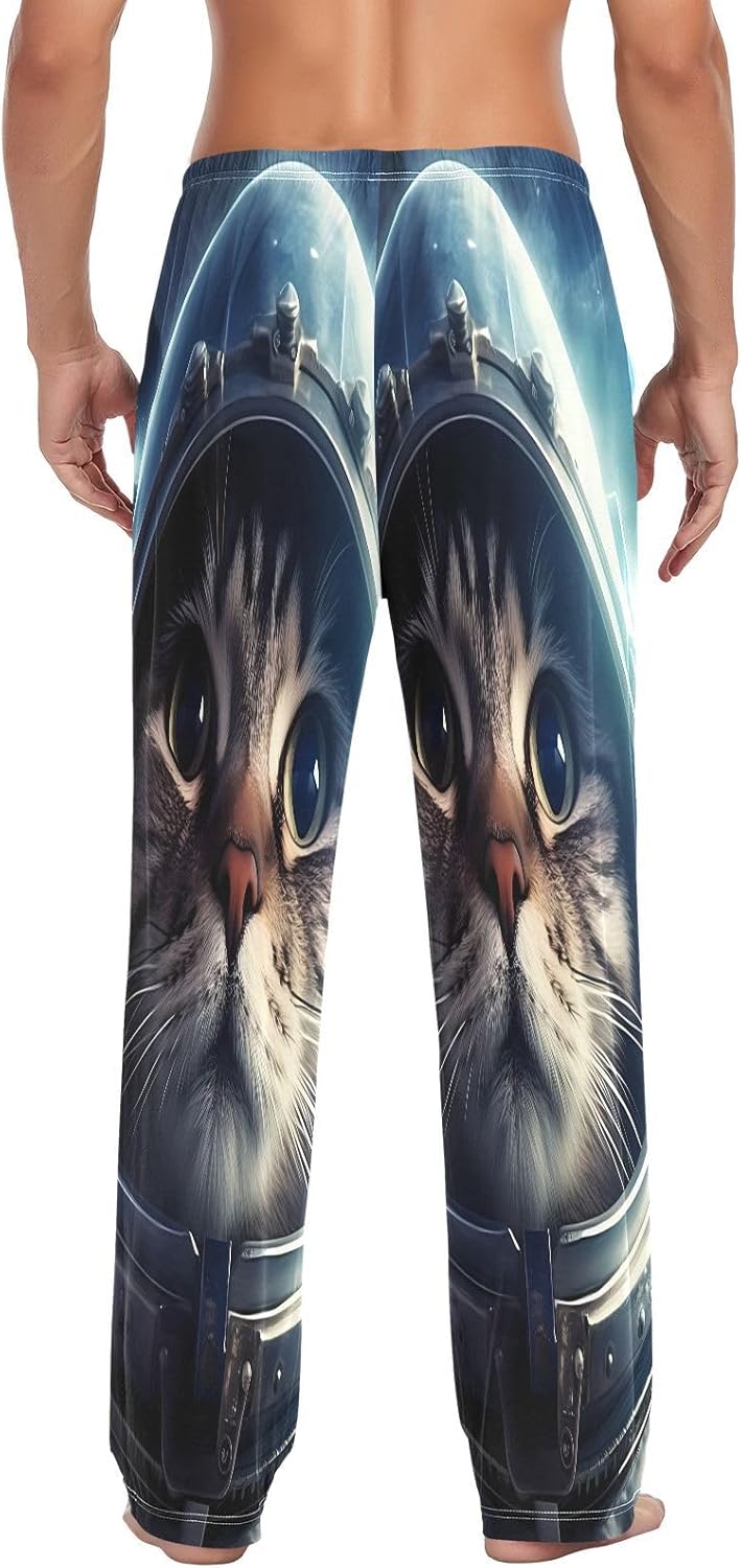 ALAZA Cat Astronaut Men's Pajama Pants Men Cotton Pajama Bottoms with Pockets, S
