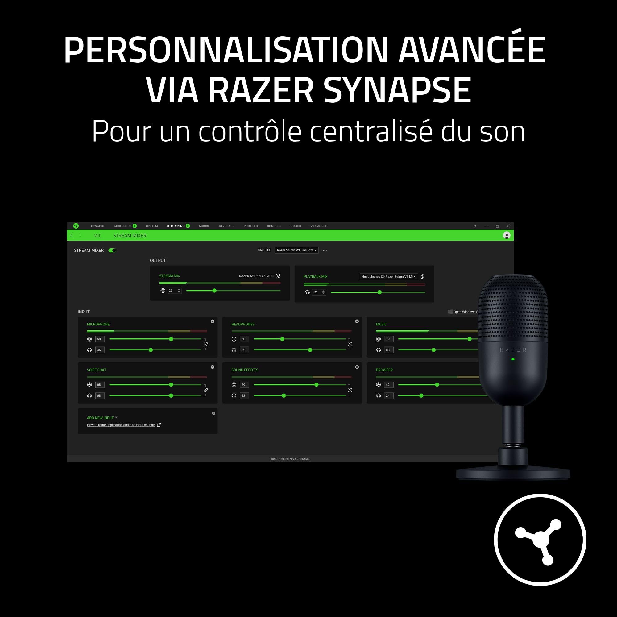 Razer Seiren V3 Mini - Microphone USB ultra-compact (microphone à condensateur 14 mm, directivité supercardioïde, détecteur de mise en sourdine, absorbeur de chocs intégré) Noir