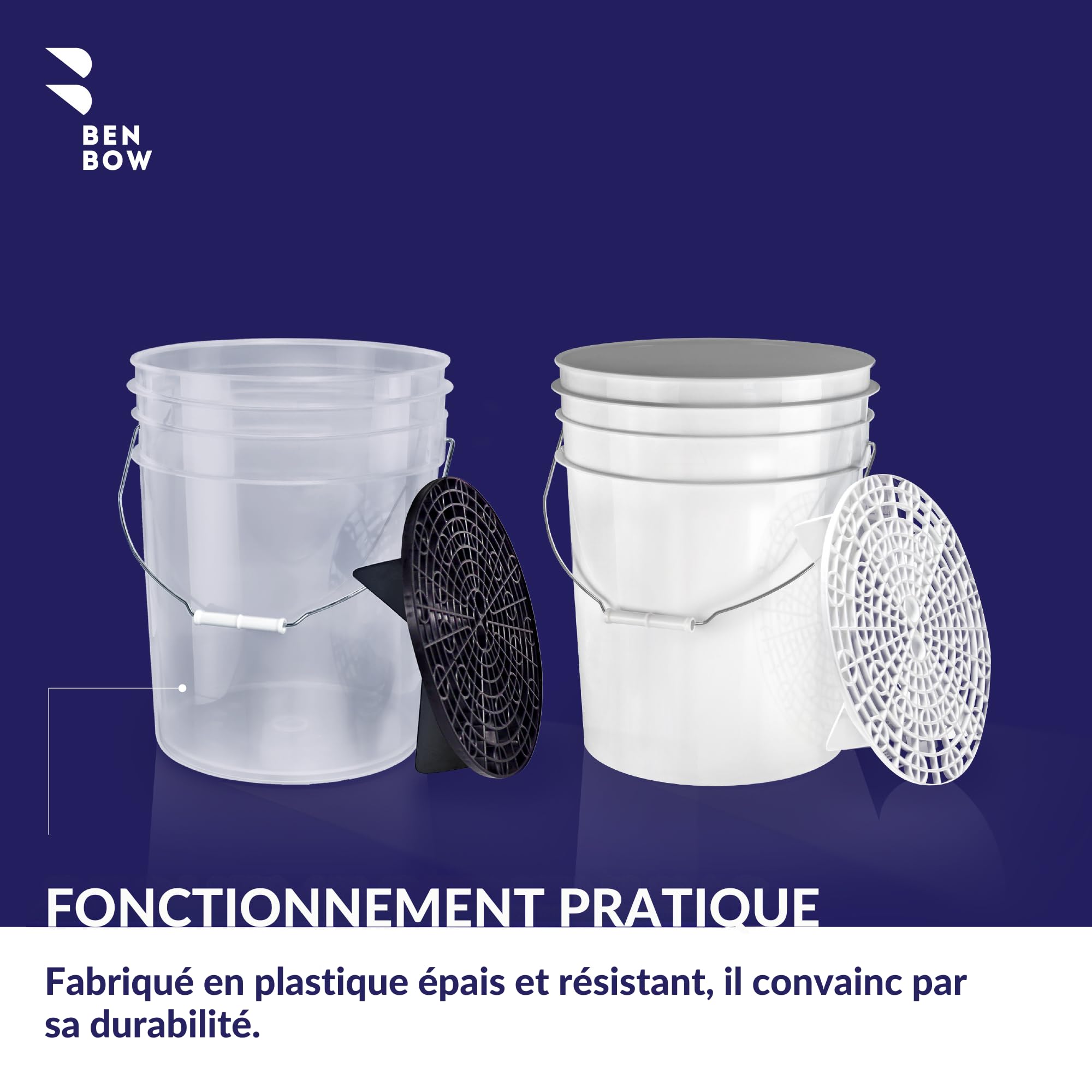 BenBow kit de Lavage Auto : 2 seaux de 20 litres avec 2 grilles de Lavage filtrantes et 2 couvercles de Seau - idéal pour Un Nettoyage Efficace et sans Rayures - Lavage à Deux seaux