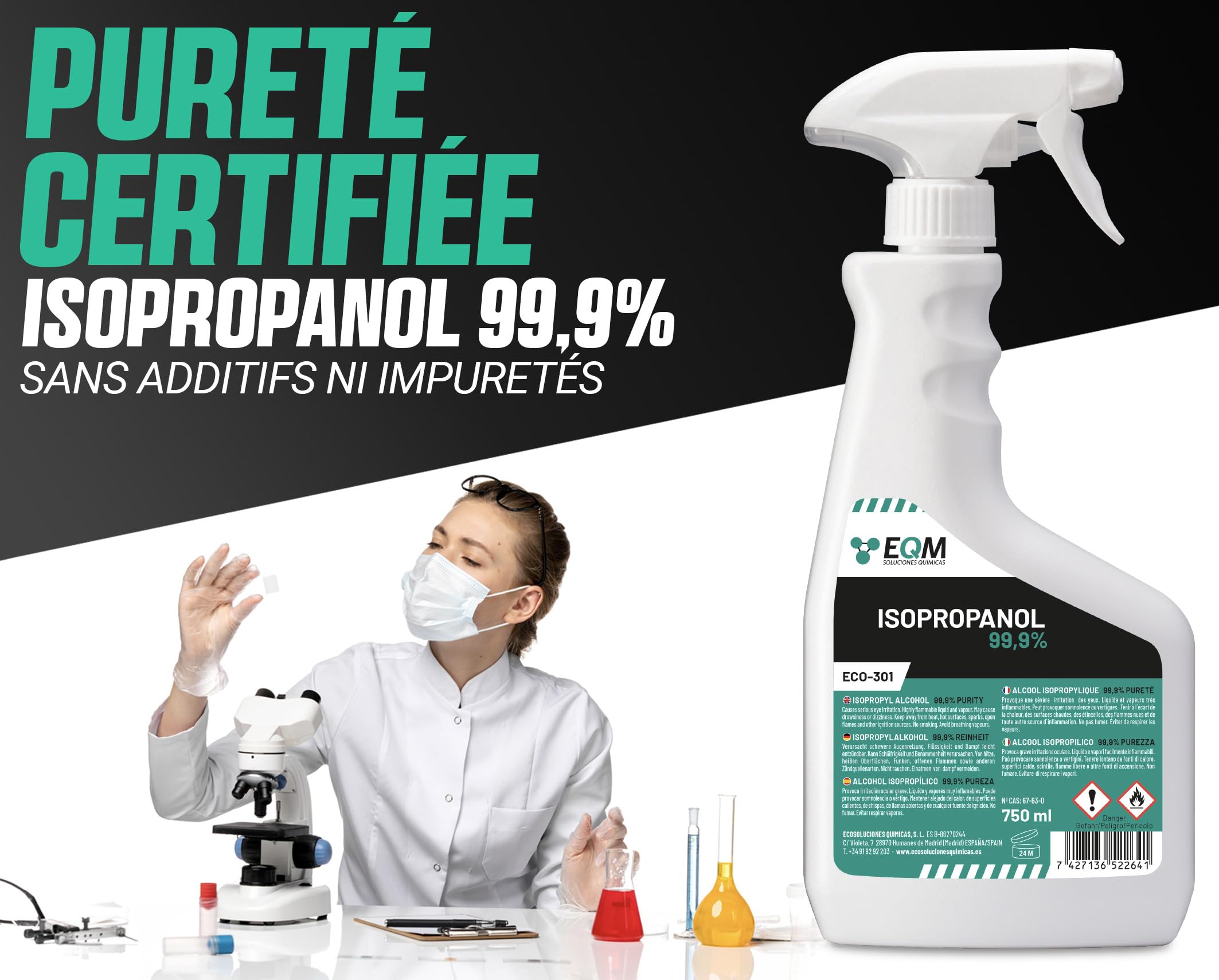 EQM - ECO-301 - Alcool Isopropylique Pur 99,9% - 750 ML - Nettoyage de Composants Électroniques, Objectifs, Écrans et Résines d’Impression 3D