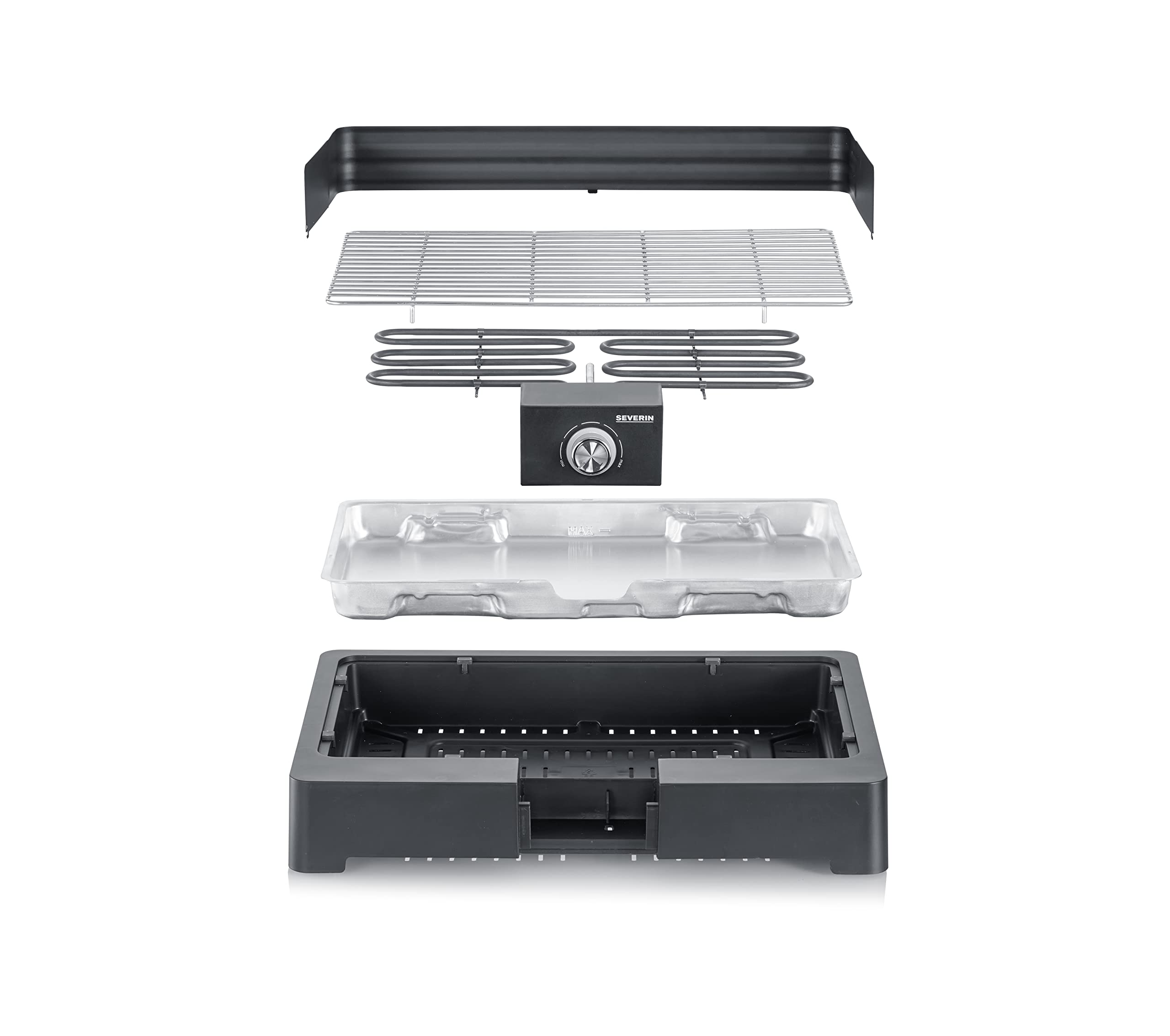 SEVERIN Barbecue électrique 2 200 W avec grille en inox, Barbecue de table avec pare-vent amovible, eBBQ avec bac à eau pour utilisation en intérieur et extérieur, Noir, PG 8565