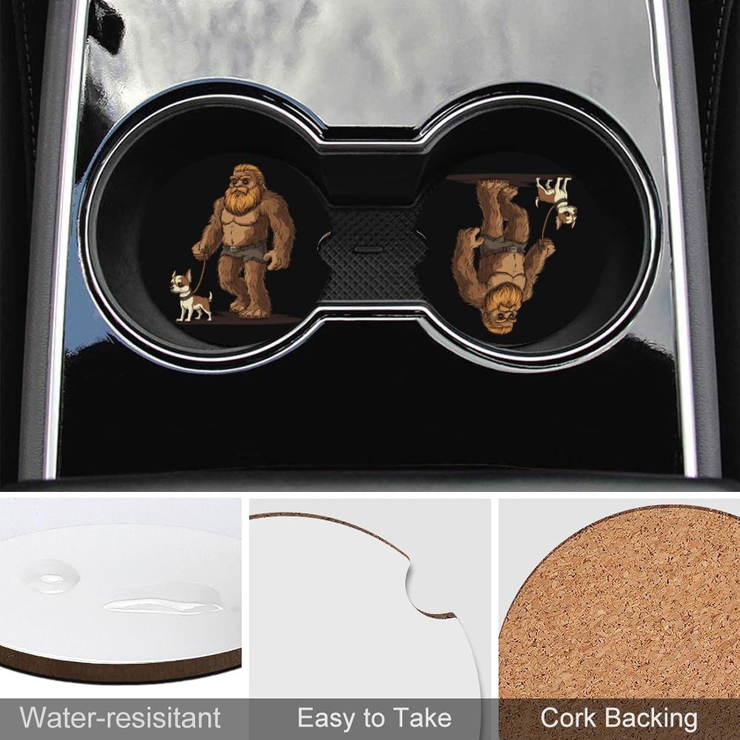 Funny Bigfoot Sasquatch Walking Chihuahua Cute Car Coasters 2.56 Inch Absorbent Cup Holder for Drinks Auto Interior Accessories