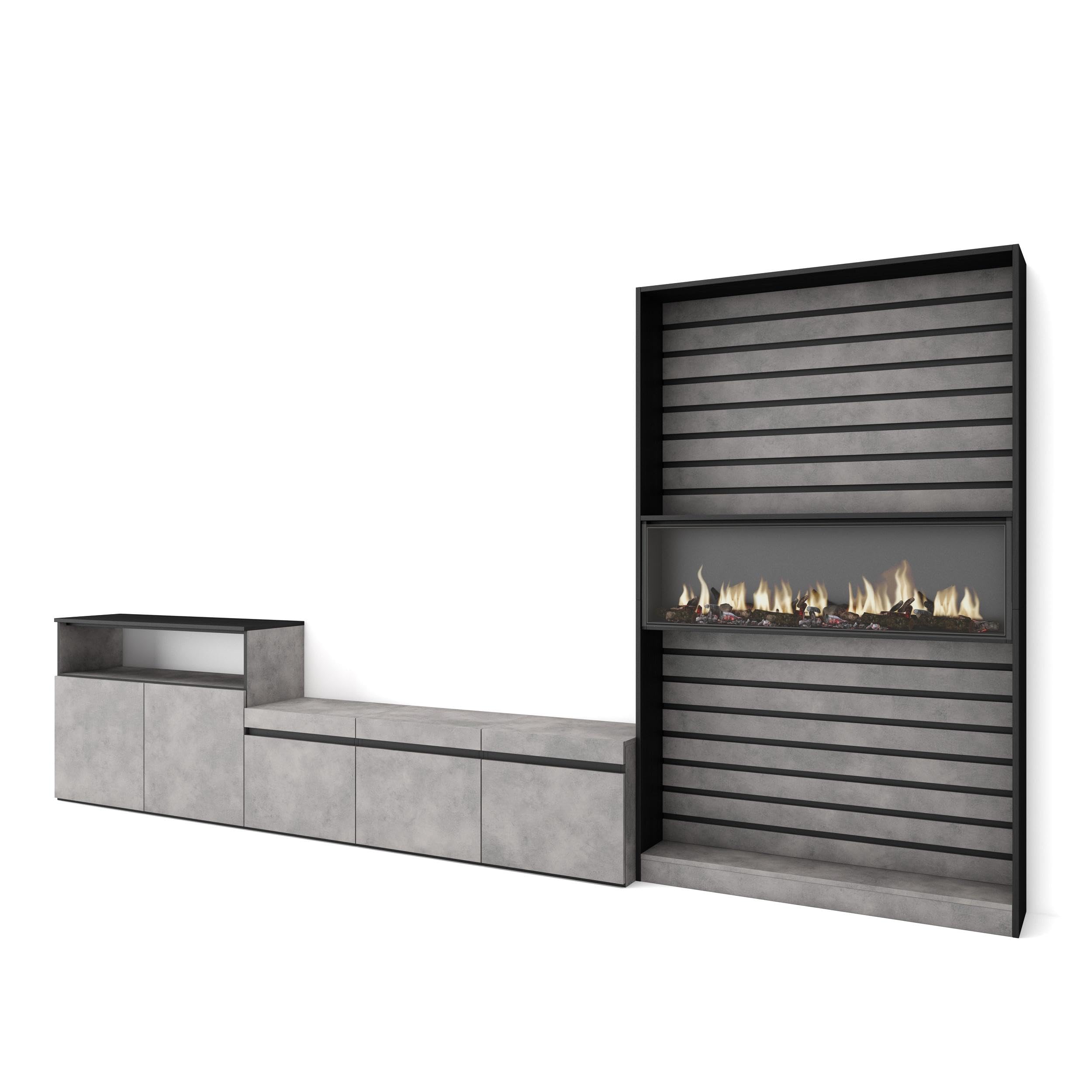 Skraut Home | Mobile Soggiorno TV | Parete Attrezzata Soggiorno | 360x186x35cm | Per TV fino a 65" | Camino elettrico | Stile moderno | Cemento