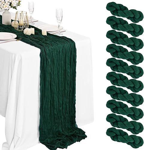 Paquete de 10 caminos de mesa de estopilla verde oscuro, 10 pies x 35 pulgadas, gasa rústica verde esmeralda, bohemio, decoración de mesa de boda,