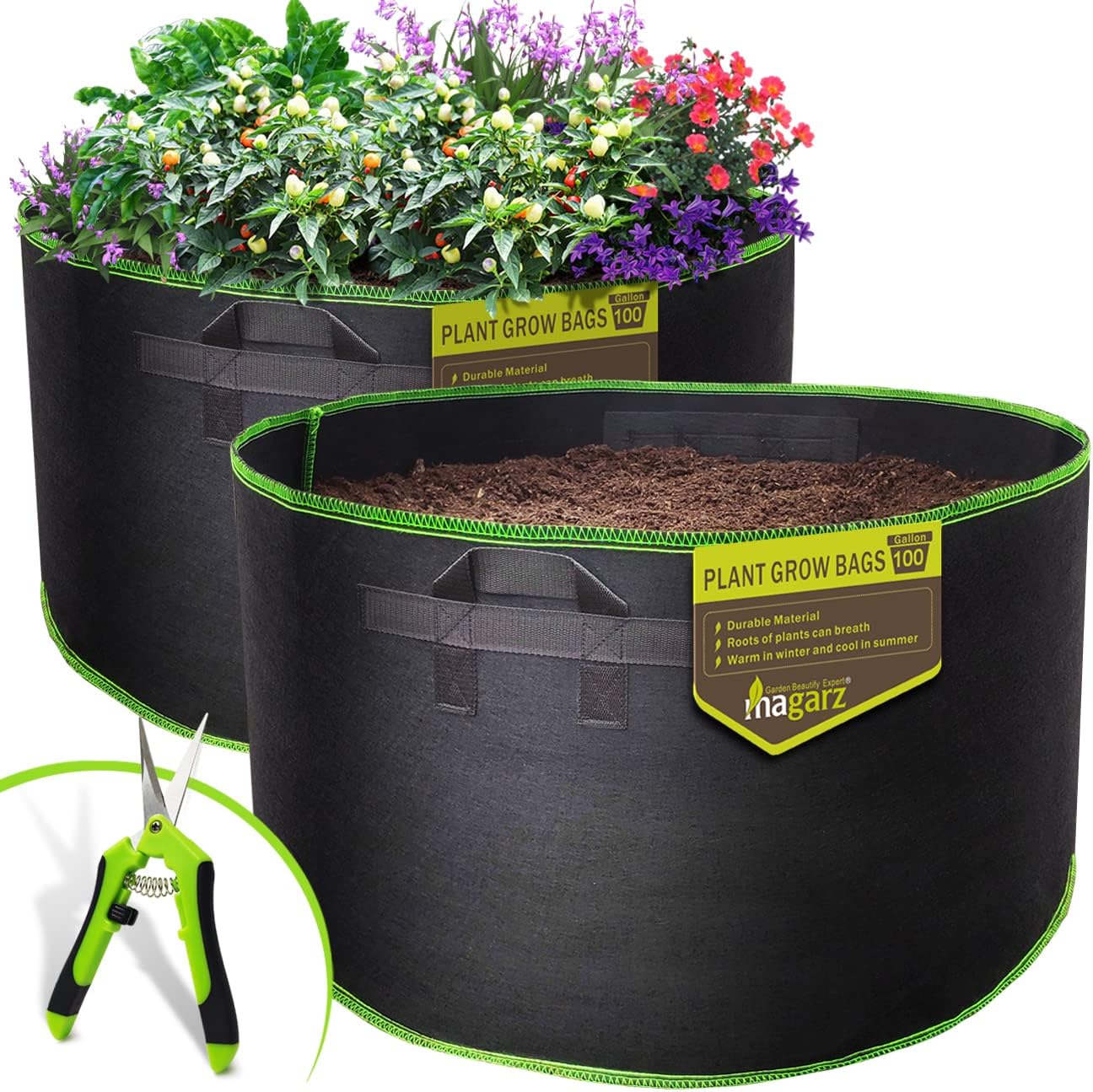 2-Pack 100 Gallon Fabric Flower Pots Garden Felt Grow Bags with Handle (Black)