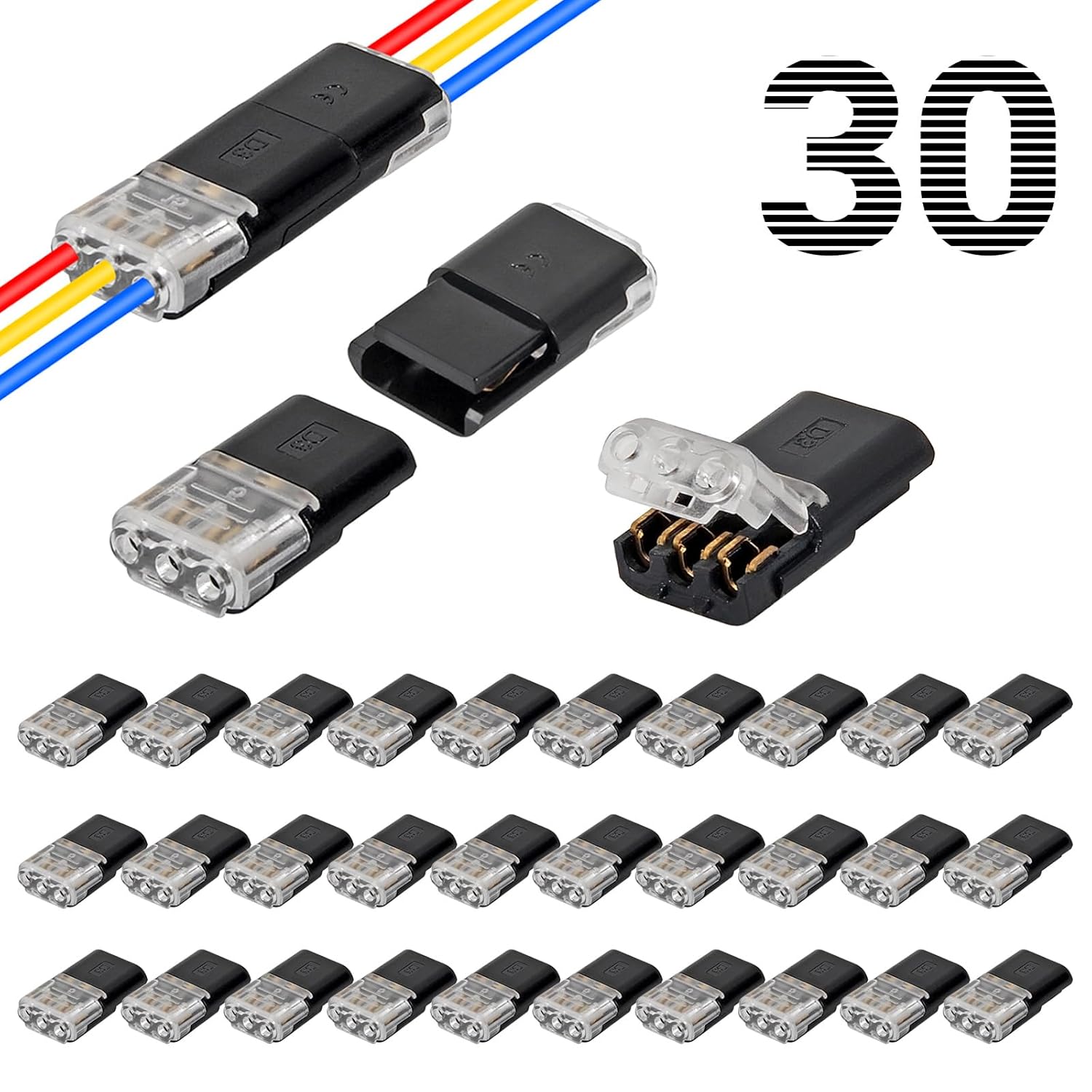 30PCS 3-Pin Double Wire Plug in Connector,Pluggable Low Voltage Wire Connector with Locking Buckle,Quick Disconnect Led Light Strip Connectors 3 Pin,No Wire Stripping Cutting 18-22AWG