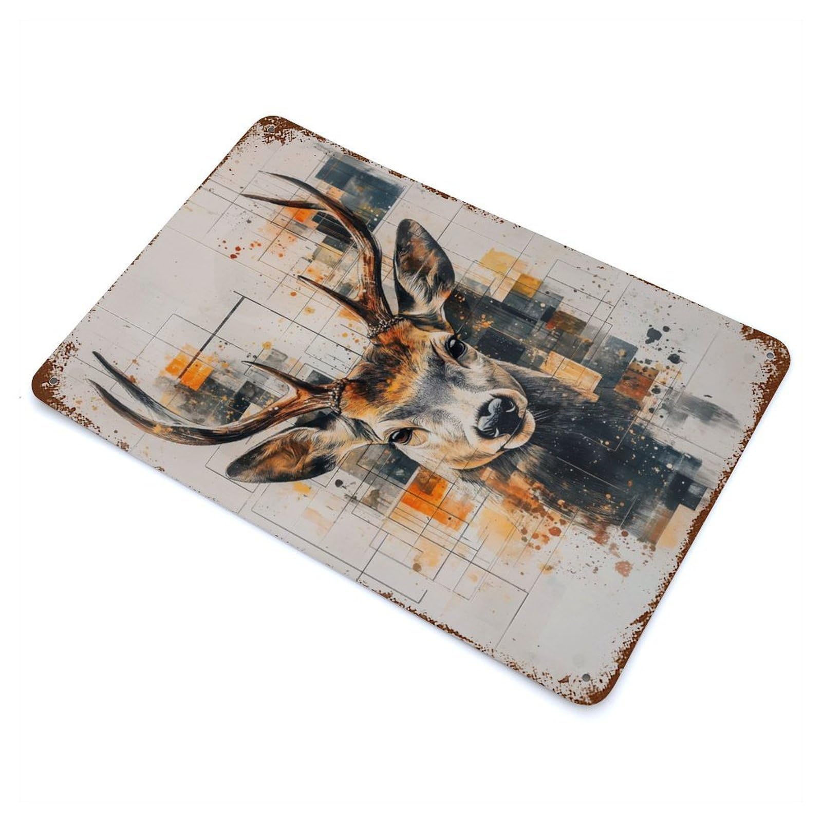 Distressed Metal Wall Sign Geometric Deer Portrait 11.8"x7.9", Vintage Wall Decor for Cafe, Home Bar And Lounge Decor