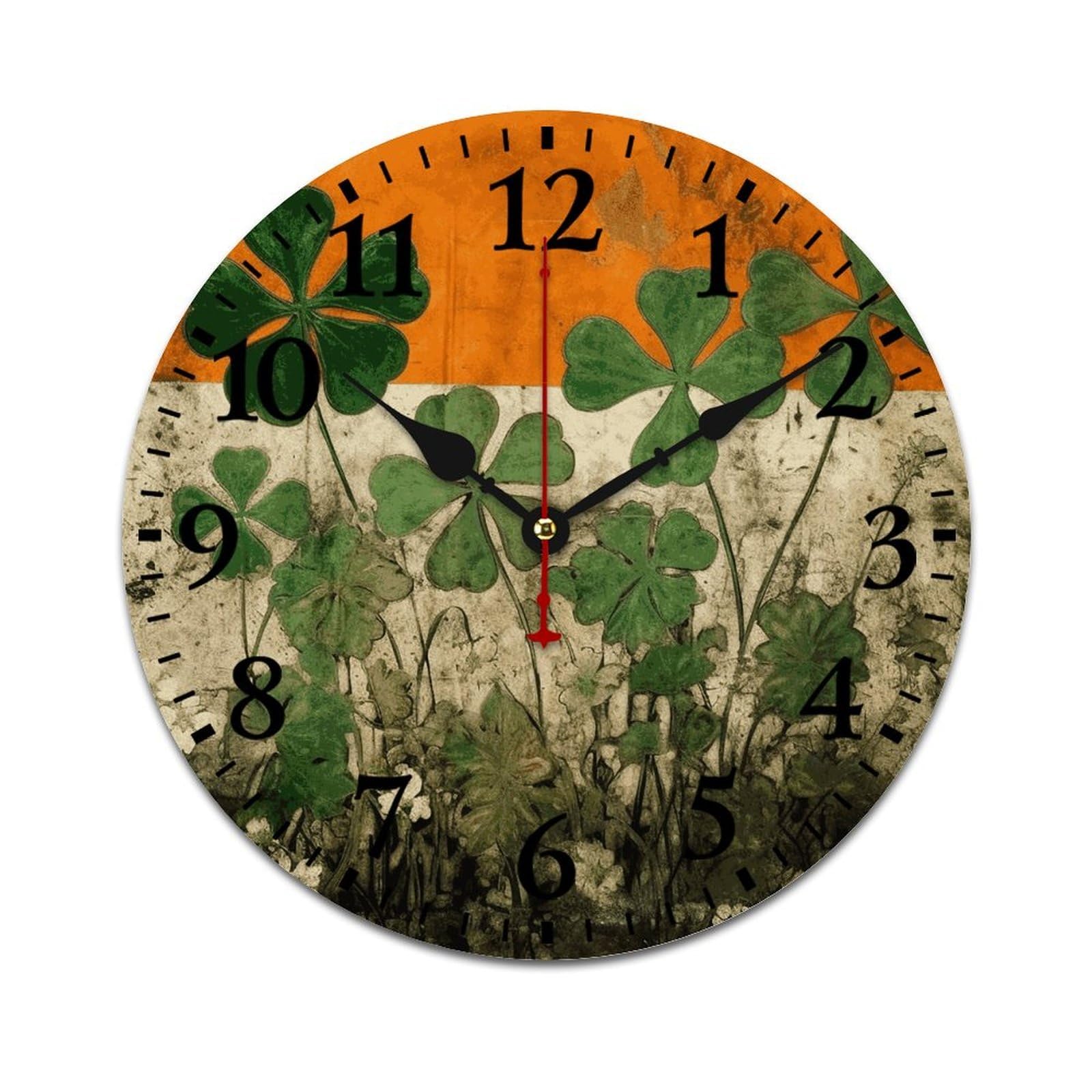 NTVOWPZO 10 Inch Wall Clock Wooden Clover on Flag Background Battery Operated Wall Clocks Silent Non-Ticking Square Wall Clock for Living Room Kitchen Home Office Wall Decorative Clocks