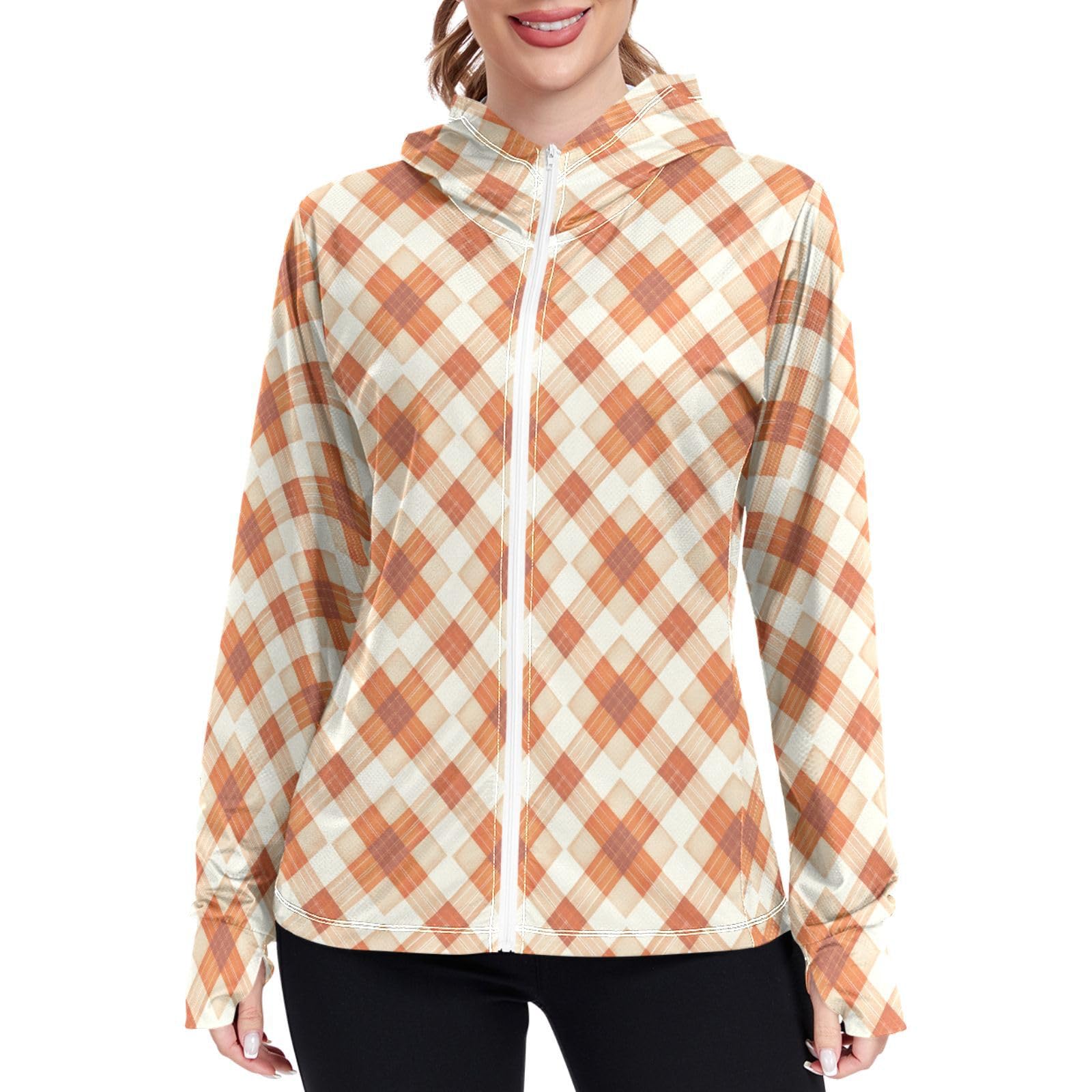 Women Sun Protection Lightweight Hoodie Jacket Plaid Gingham Zip Up Jackets for Women UPF 50 Clothing for Hiking Golf Running L Burnt Orange