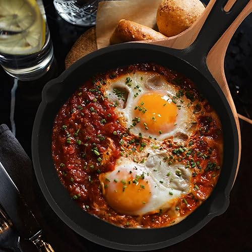 Miniatura 9 de Sartén antiadherente de hierro fundido grueso con mango y tabla de madera, sartén de cocina para el hogar para huevos, panqueques, pizza y carne,