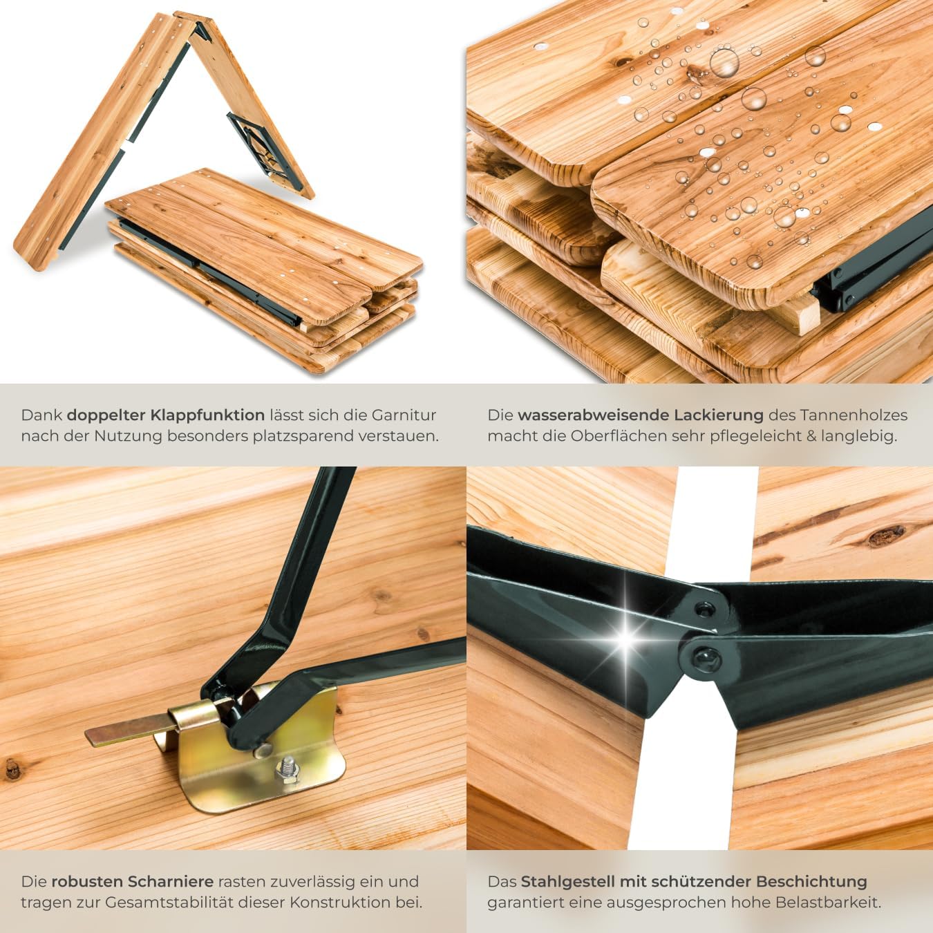 Detailní view of the double folding function and robust hinges of the tectake beer garden set.
