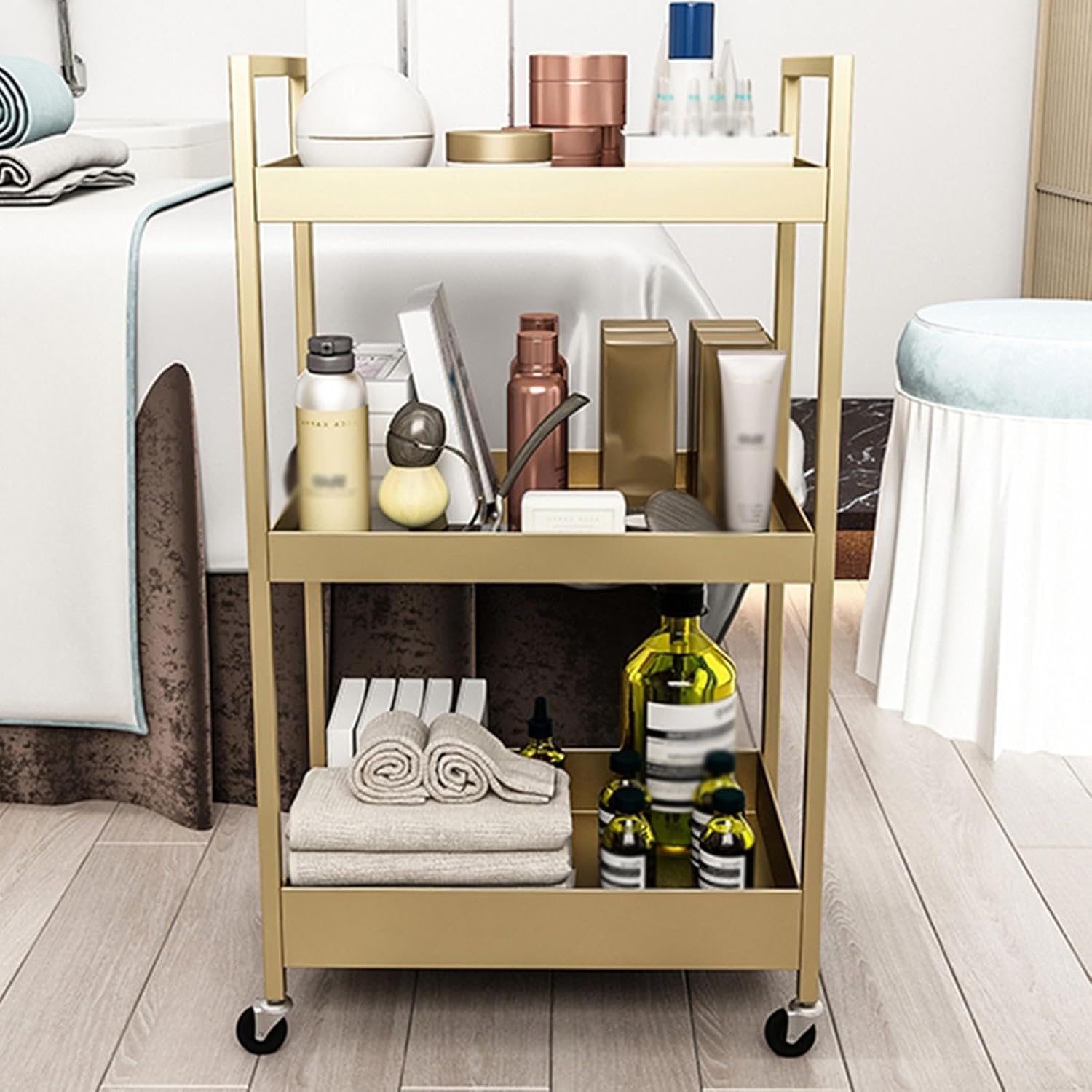 3 Tier Rolling Universal Trolleys Storage Trolleys with Wheels Raised Guardrail Double Baking Paint Hige Load-Bearing Capacities Suitable for Kitchen Living Room Office Salon(Gold)