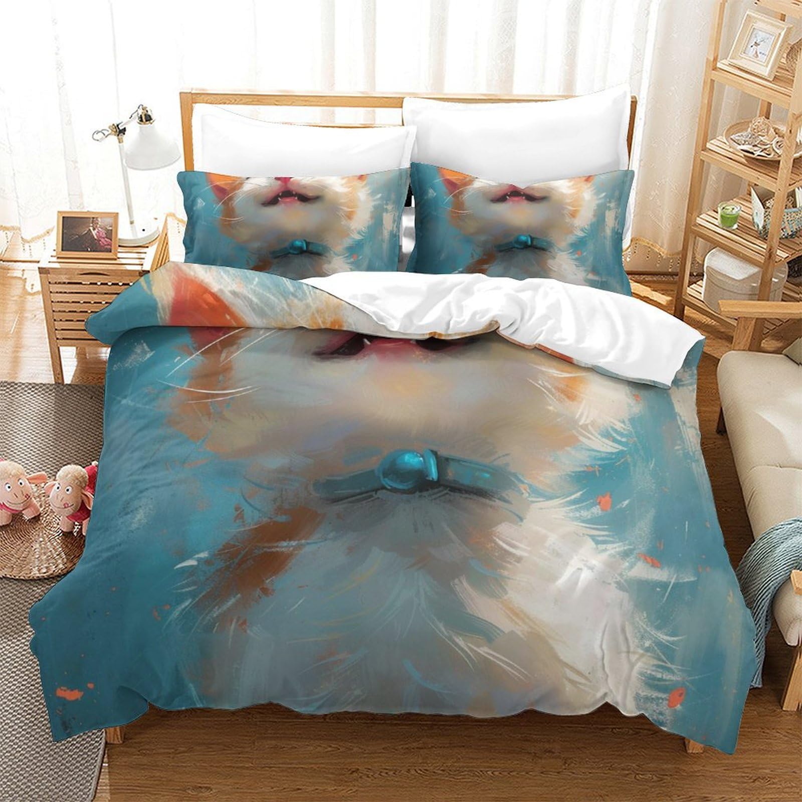 Housses de couettes chat coloré 3D 220x240cm microfibre avec taies d'oreiller