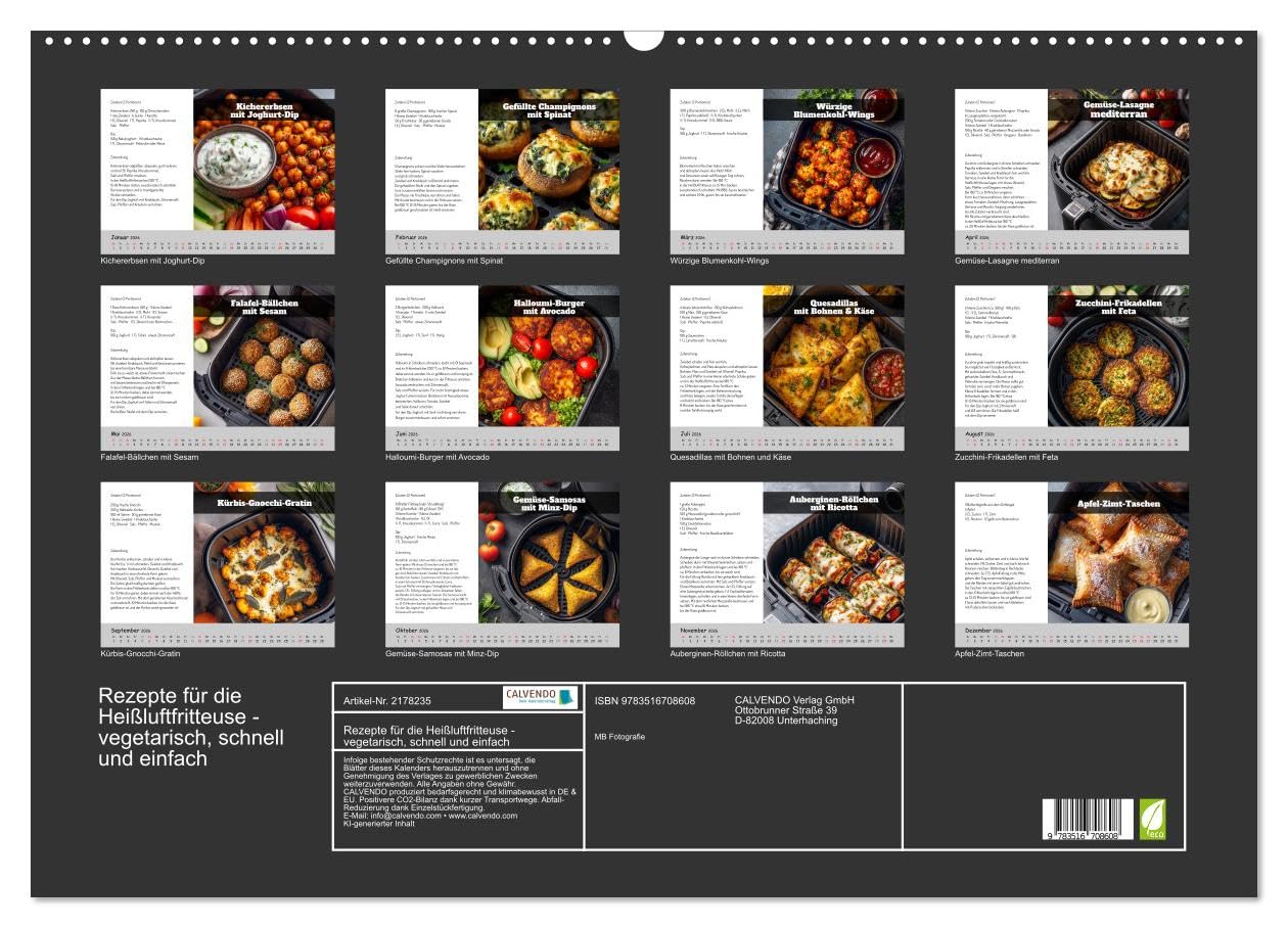 Rezepte für die Heißluftfritteuse - vegetarisch, schnell und einfach (Wandkalender 2026 DIN A2 quer), CALVENDO Monatskalender: Kochen mit der ... Küche im Kochbuch-Stil (CALVENDO Lifestyle)