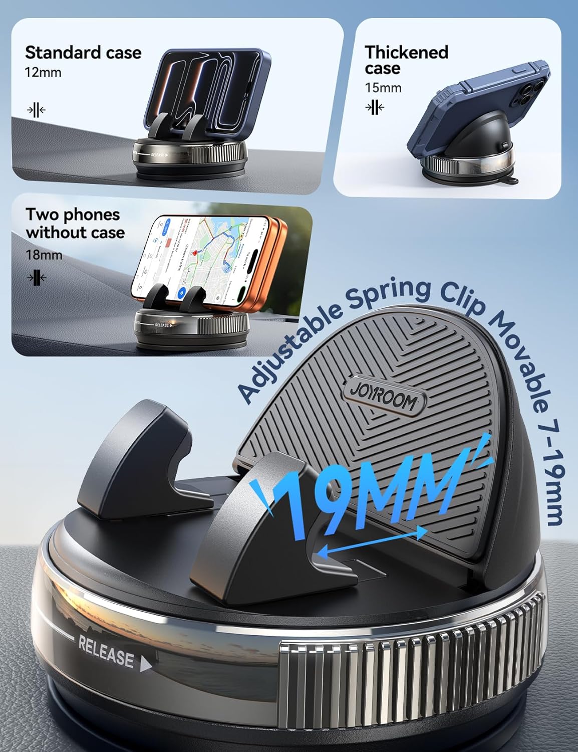 JOYROOM Car Phone Mount, [360° Rotation+Thick Case Friendly] Cell Phone Car Holder with Adjustable Spring Clip, Anti-Slip Silicone Universal Dashboard phone holder for Car for iPhone, Smartphones, GPS