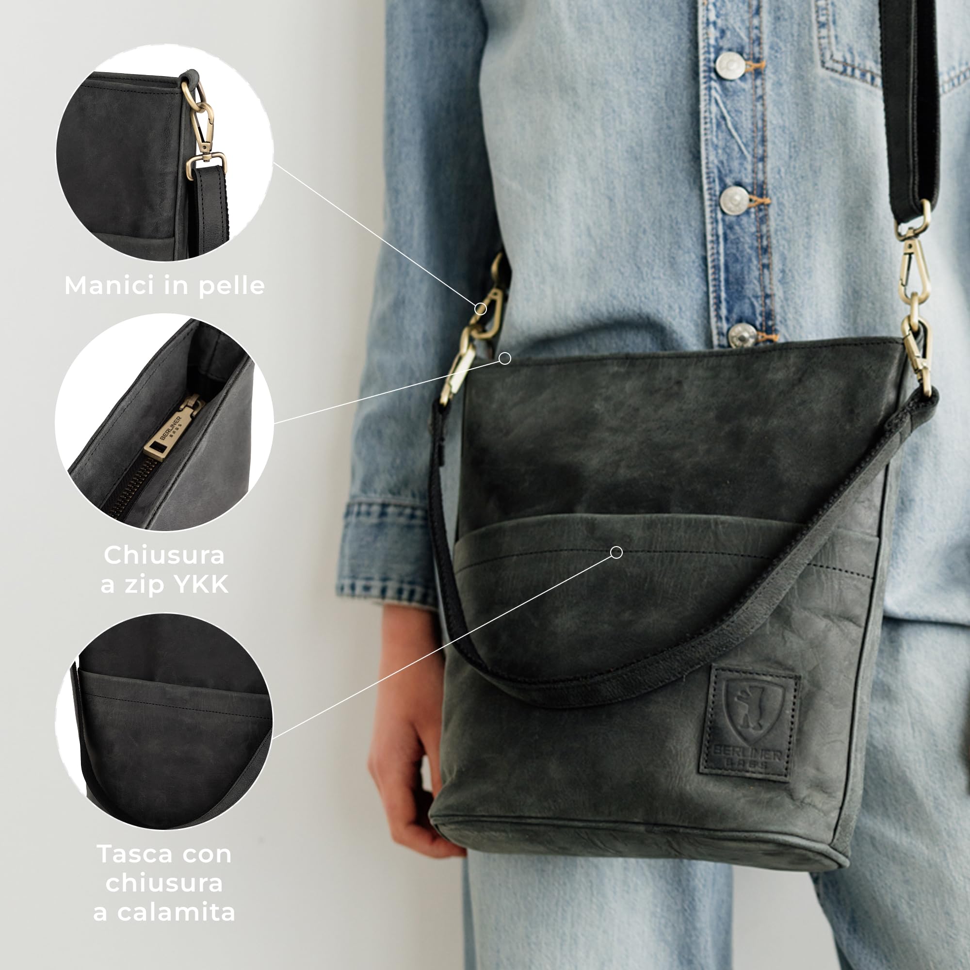 Berliner Bags Borsa Donna Sofia in Pelle, Borsa a Spalla con Doppi Manici, Borsa Elegante Quotidiana con Zip