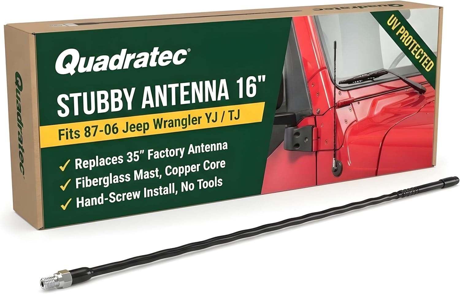 Quadratec 16" Hi Performance AM/FM Stubby Antenna - Fits Jeep Wrangler TJ, YJ, & LJ Unlimited 1987-2006 - No Tool Installation