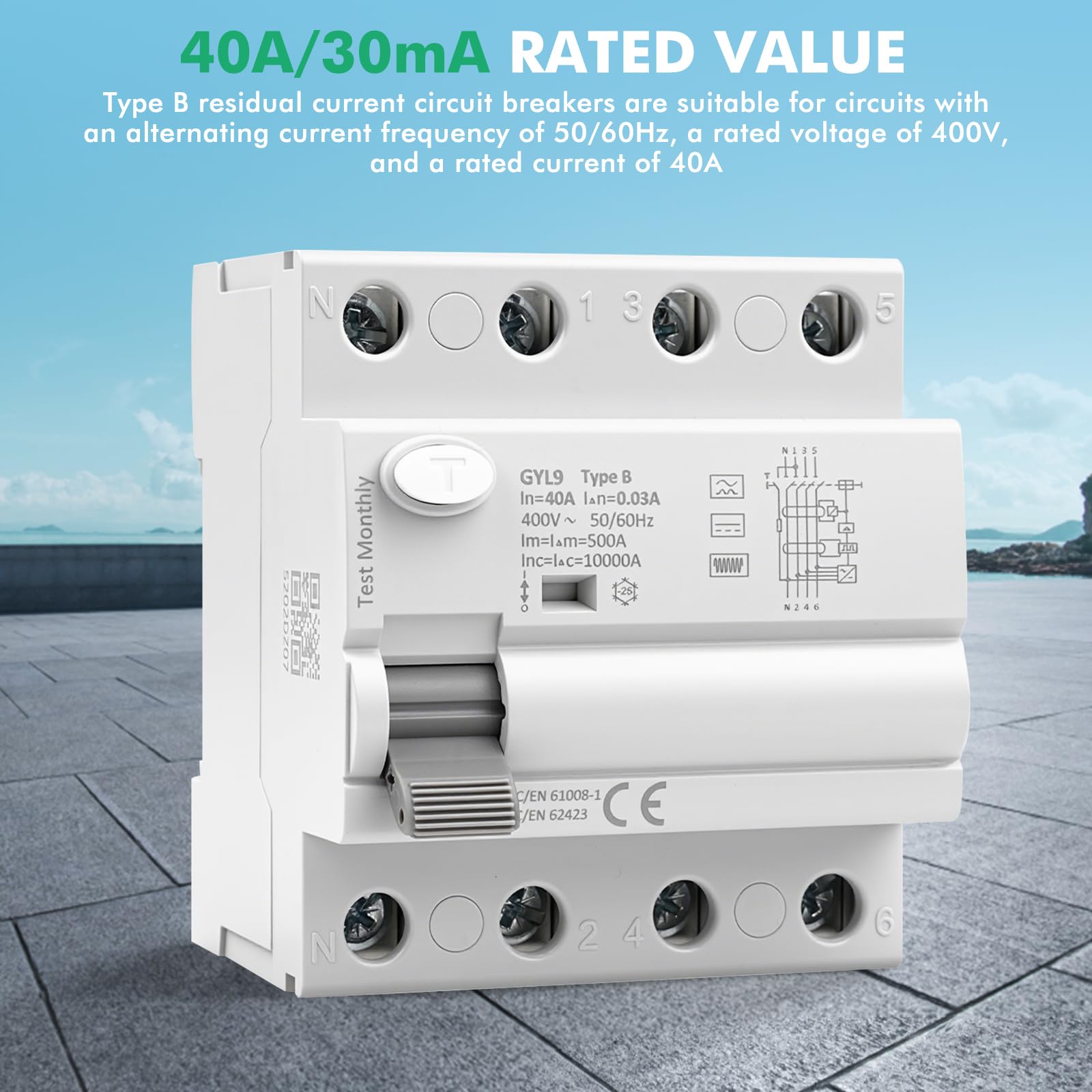 Interruttore magnetotermico differenziale 40A 30mA tipo B Salvavita 3P+N 10 kA RCCB AC400V interruttore differenziale a riarmo automatico per stazioni di ricarica e attrezzature industriali GYL9