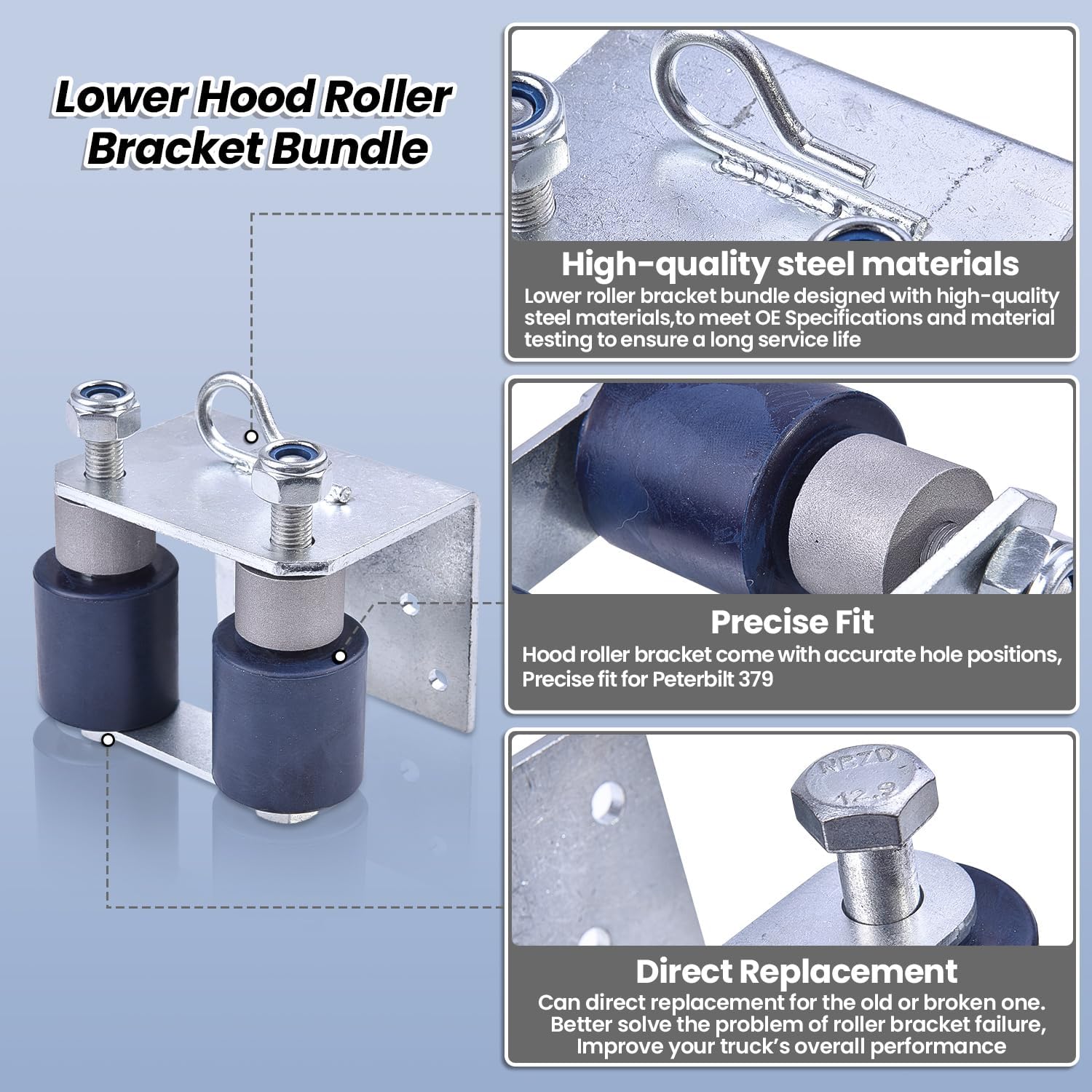 13-04401 Left Lower Roller Bracket Kit w/Rollers and Hardware Compatible with Peterbilt 379 Replace 13-04401M002 13-03593 13-04413SPL 13-04467, Driver Left Side