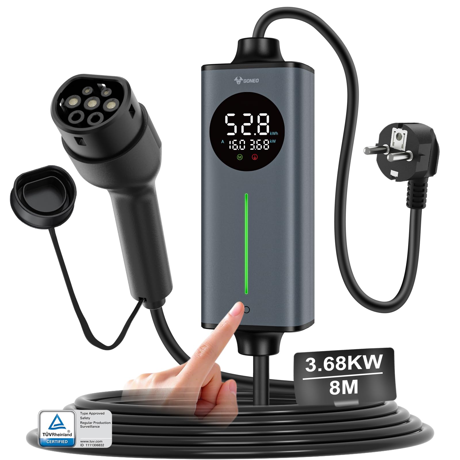 GONEO ladekabel elektroauto typ 2 schuko 8m 16A 3,68KW Mobile Ladestation/EV-Ladegerät | FI-Schutzfunktion AC+DC | Automatische Erdung und Temperaturerkennung | verzögertes Laden | für heim E-Auto