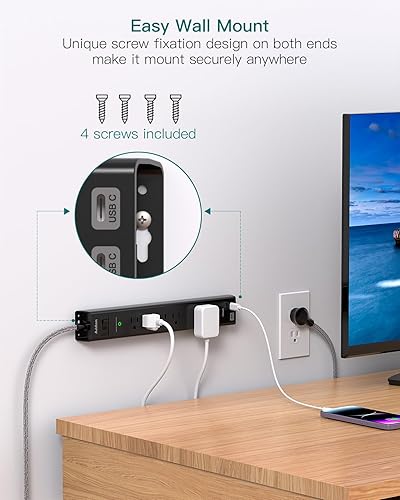 Miniatura 5 de Paquete de 2 protectores de sobretensiones con USB C, cable de extensión con 5 tomas amplias, 4 puertos USB (1875 W15 A), montaje en pared, enchufe