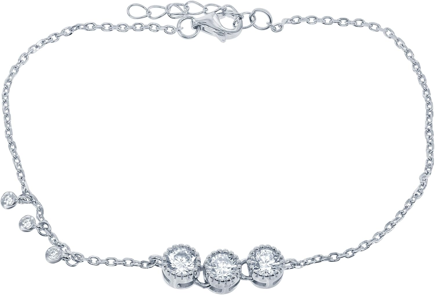 Sterling Silver 7" + 1" Extension 3-Stone CZ Bar Bracelet