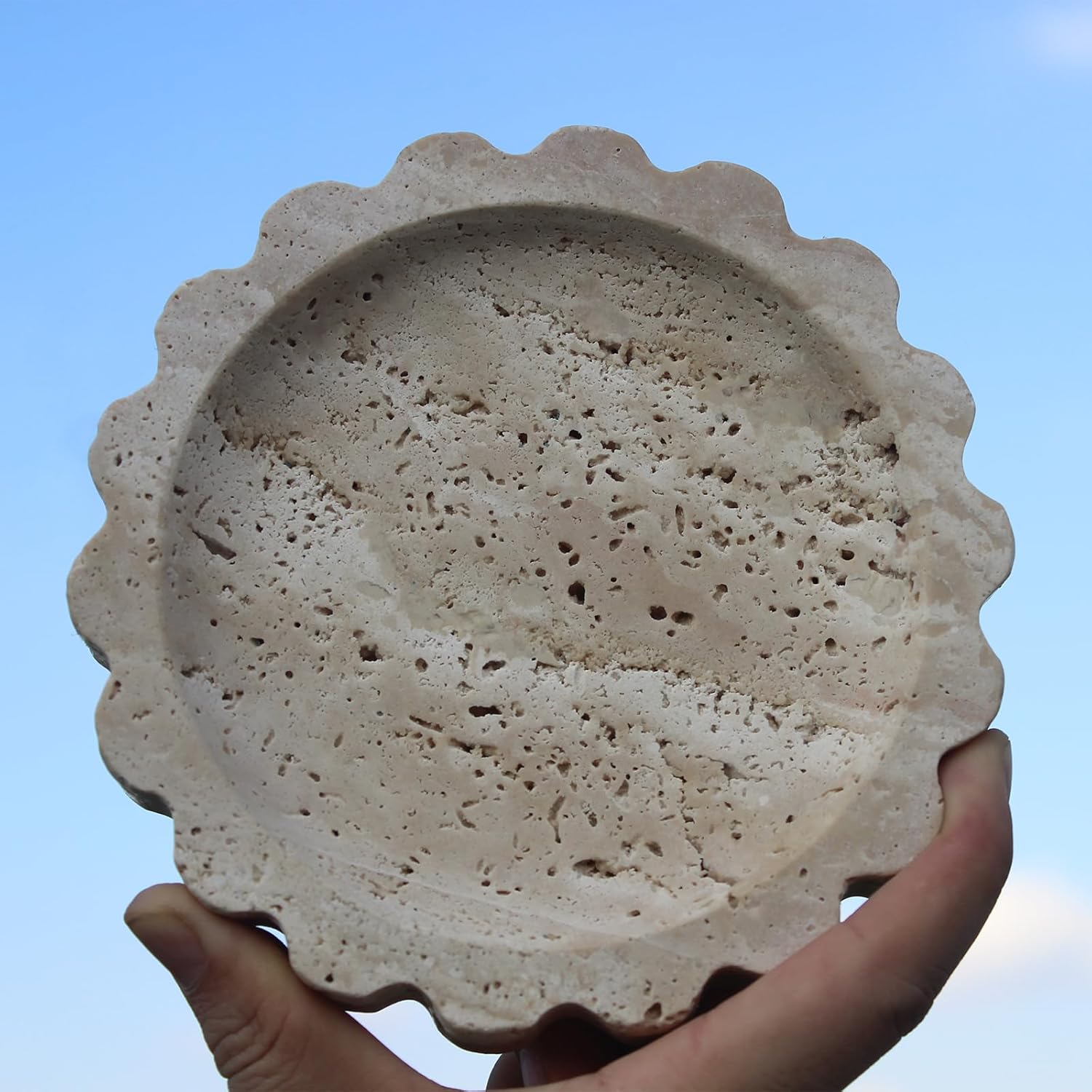 Natural Small Travertine Scalloped Edge Tray 6.3", Marble Jewelry Dish, Trinket Tray for Women Gift