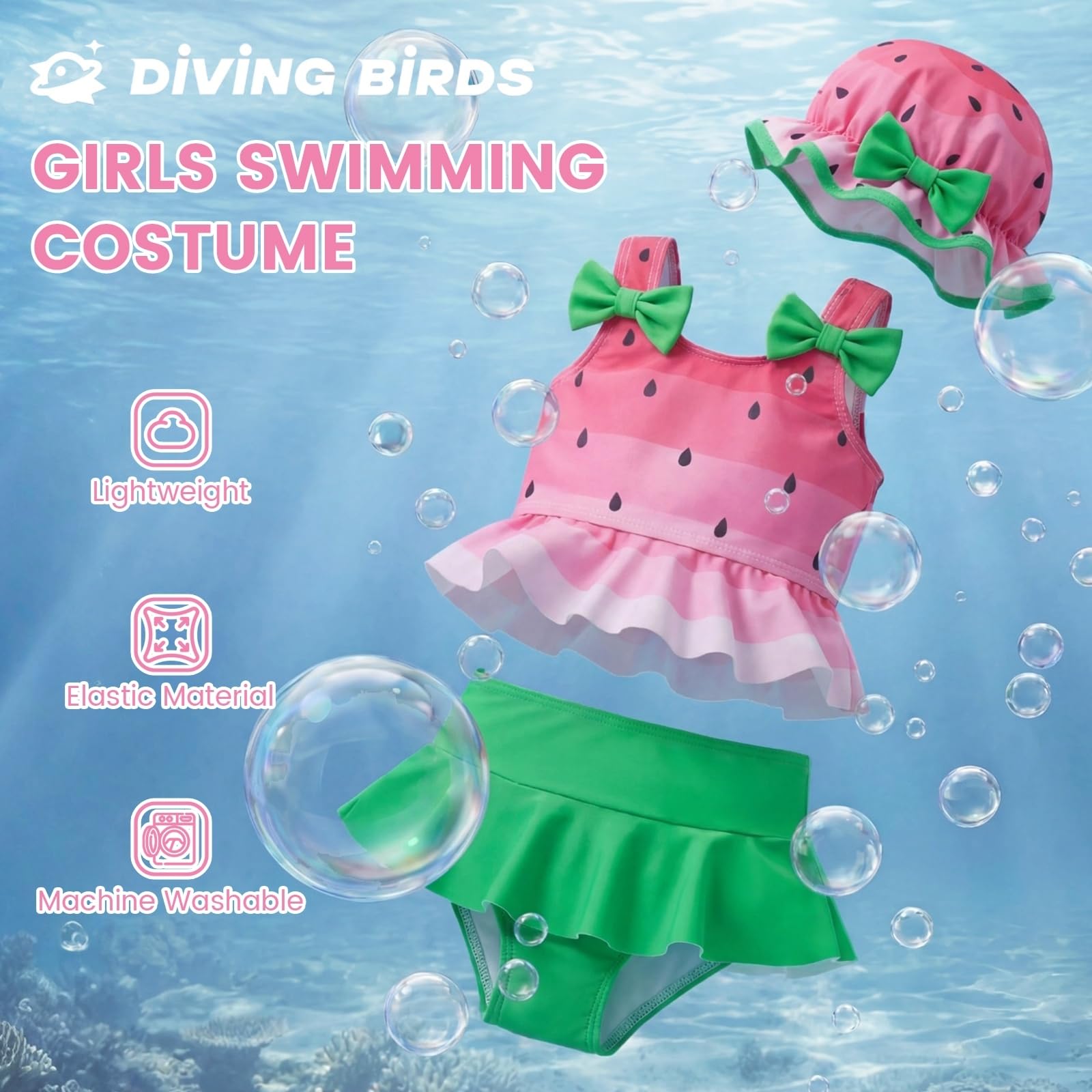 DivingBirds Costume da bagno a due pezzi per bambine con cappello, costume da bagno con volant e fiocco per 3-4 anni
