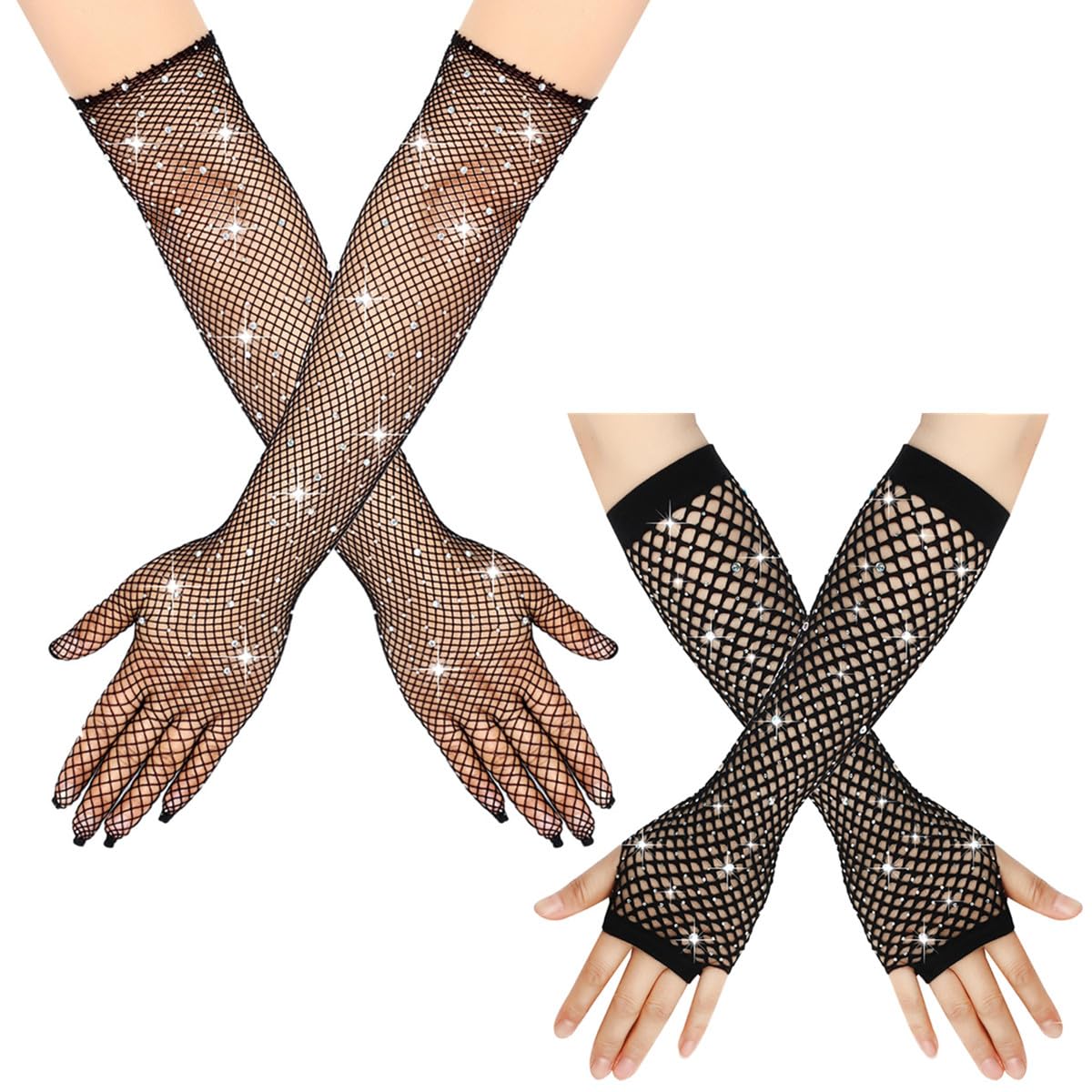 TouKingda Women's Rhinestones Fishnet Gloves