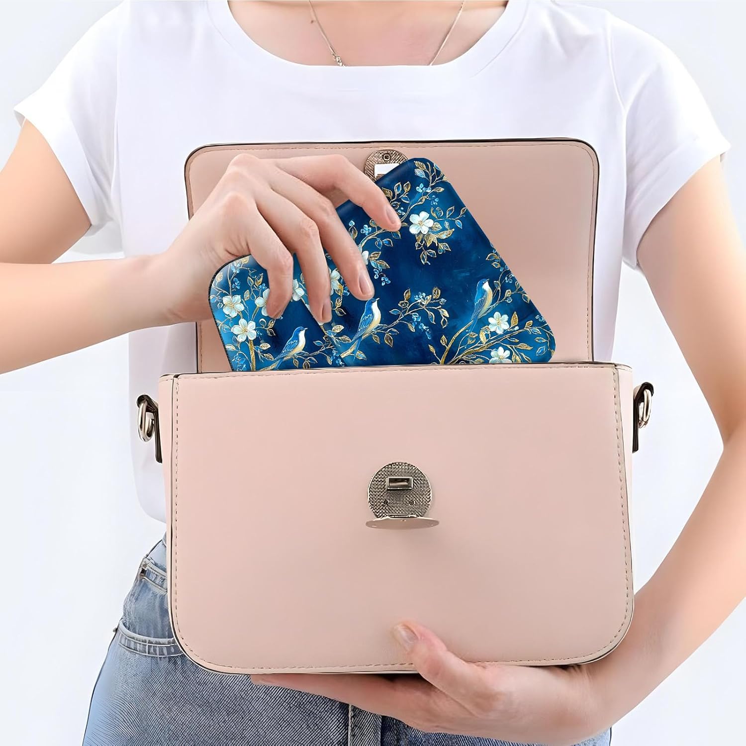 Travel Jewelry Case with Compact Mirror, Vintage Blue Birds Flowers Exquisite PU Leather Jewelry Boxes for Women, Best Gifts for People Who Travel - Dainty Jewelry Organizer