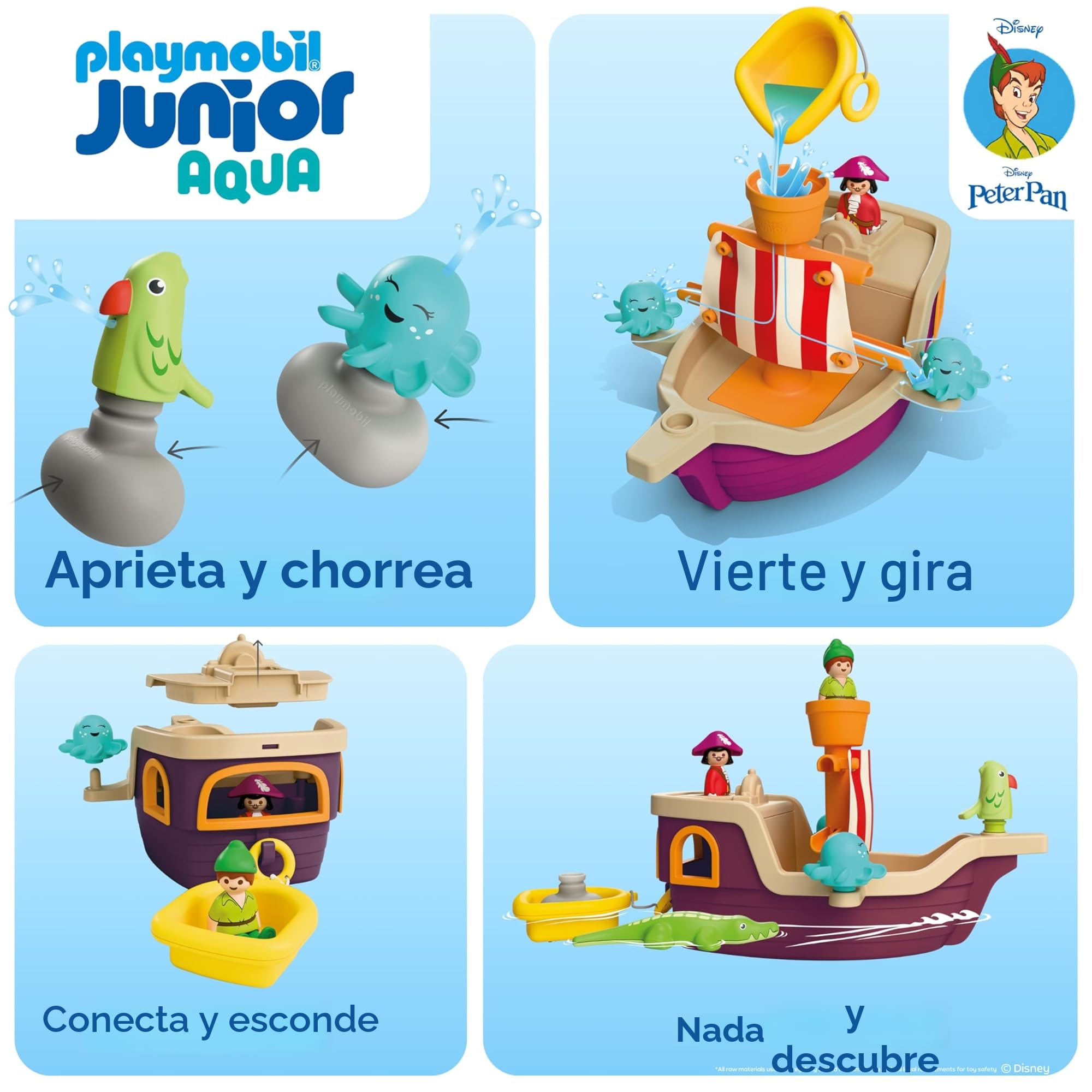 PLAYMOBIL Junior & Disney, Peter Pans Pirata Barco, Juguete sostenible a Partir de 1 año, Regalo para niños pequeños, Promueve Las Habilidades motoras y el Juego de rol, Barco Pirata con Figuras
