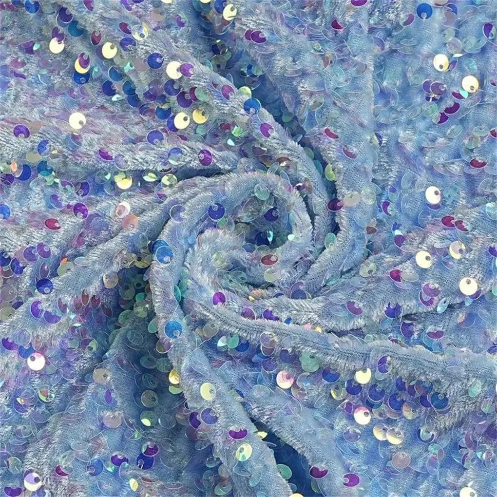 Tissu velours extensible à paillettes bleu ciel au mètre pour robe tendance