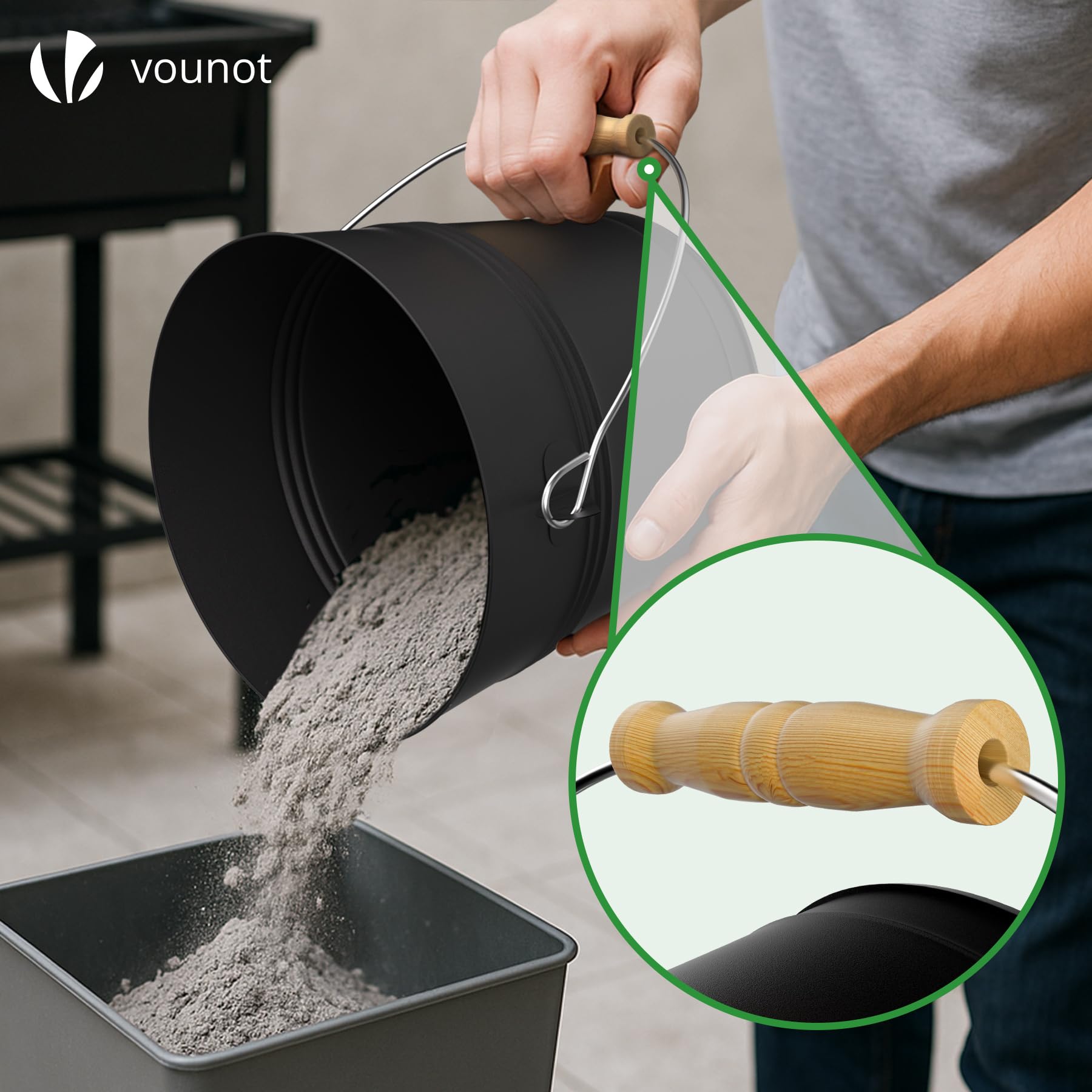 VOUNOT® Cubo Cenizas con Tapa y Set Barrido 5L Contenedor Ceniza con Asa, Pala y Escoba de Mano, Accesorios para Chimenea Estufa, Recipiente con Asas para Carbón y Restos de Leña, Metálico, Negro