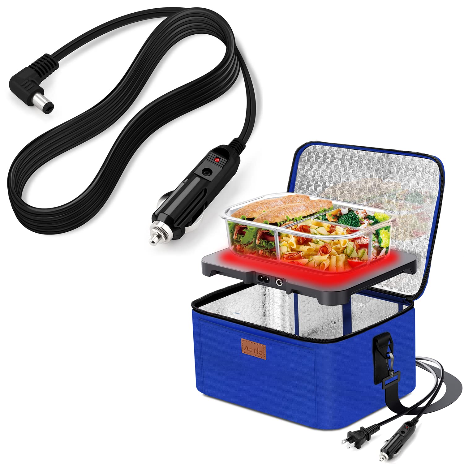 AottoPortable Food Warmer 12V 24V 110V 3-In-1 Mini Personal Oven & 12V 24V 2-In-1 Vehicle Plug Cigarette Lighter Power Cable Bundle