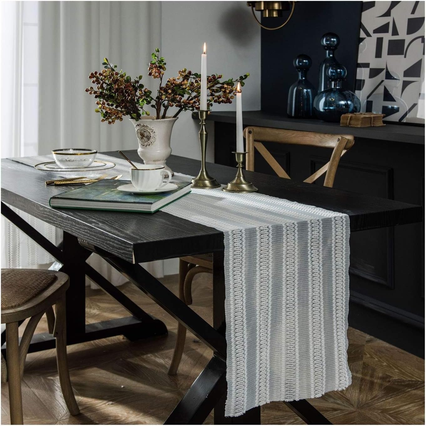 Table Runner Small Rectangle Table,35x300CM,Striped Lace Home Decor Table Runner Polyester,Table Runner White