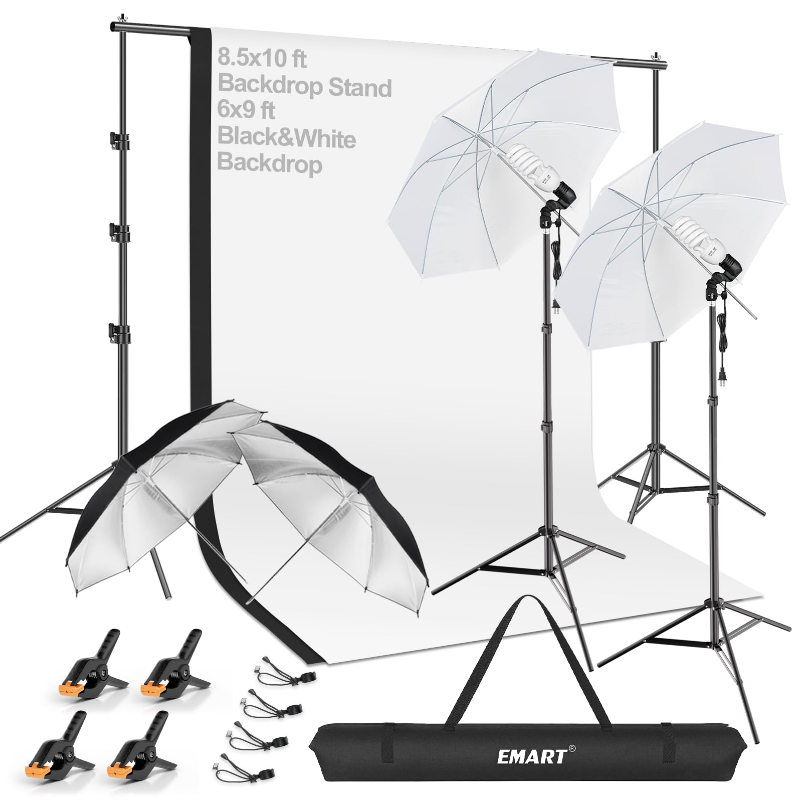 EMART 8.5x10ft Photography Backdrop Kit with 400W 5500K Daylight Umbrella Continuous Lighting Set, Black & White Backgrounds for Photo Studio Product, Photoshoot, Portrait Shoot