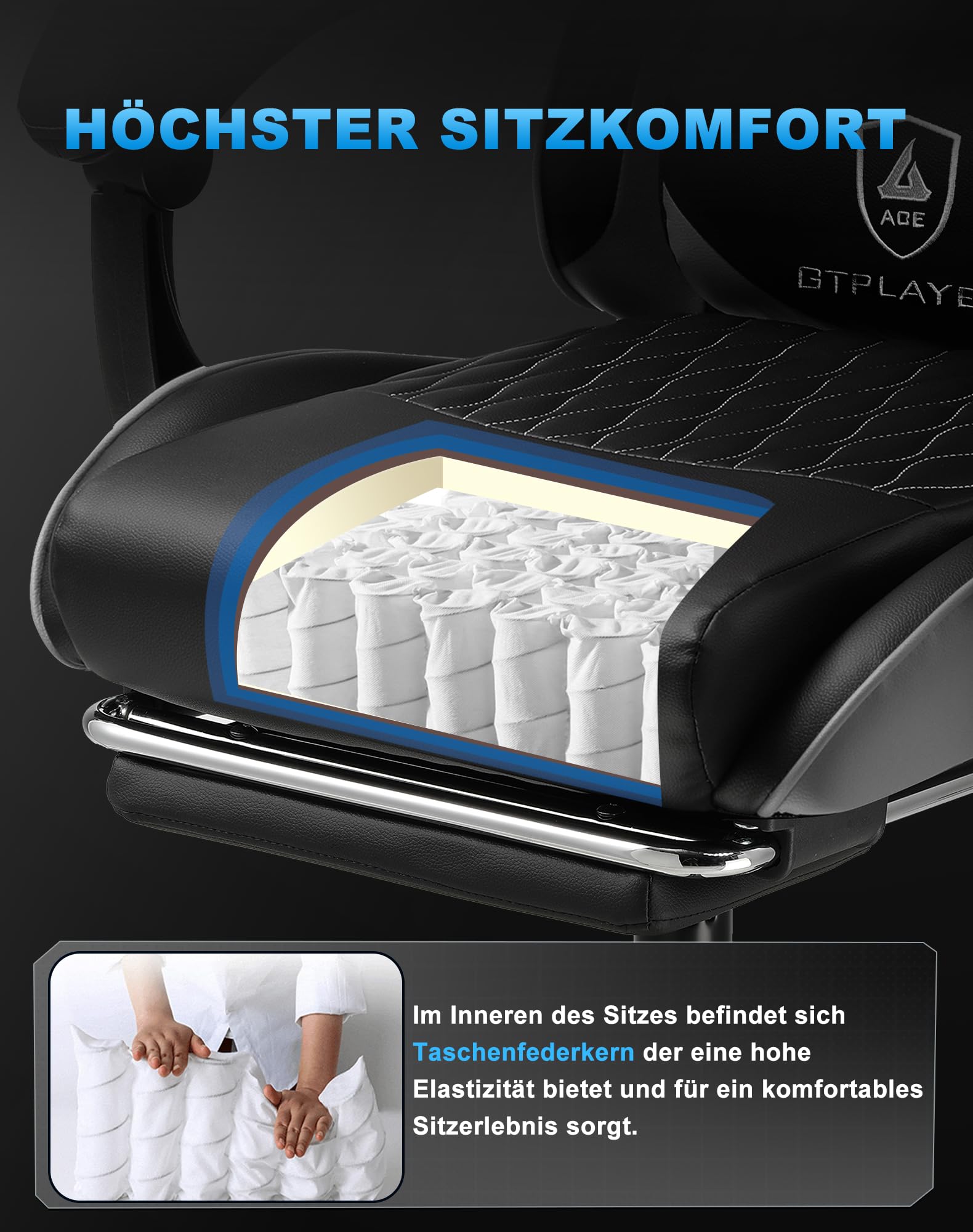 GTPLAYER Gaming Stuhl - Ergonomischer Bürosessel mit Verstellbarer Lordosen-/Kopfstütze & Fußstütze, 150 kg Belastbarkeit, Grau | Gaming Chair, PC Stuhl, Schreibtischstuhl