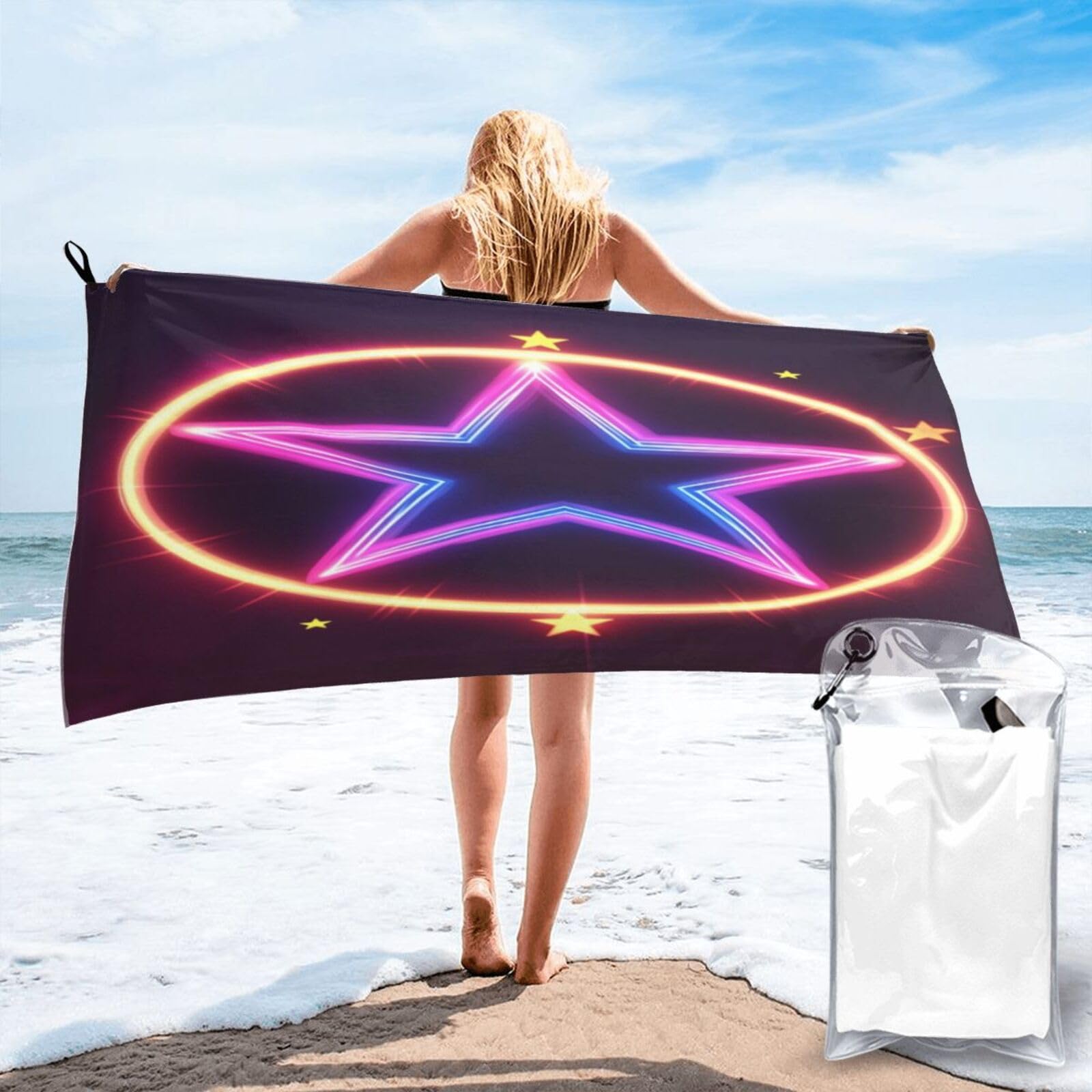 Anceky Neon Star Circle with Glowing Stars Quick Dry Microfiber Travel Towel with Carry Case and Carabiner 31.5"X63"