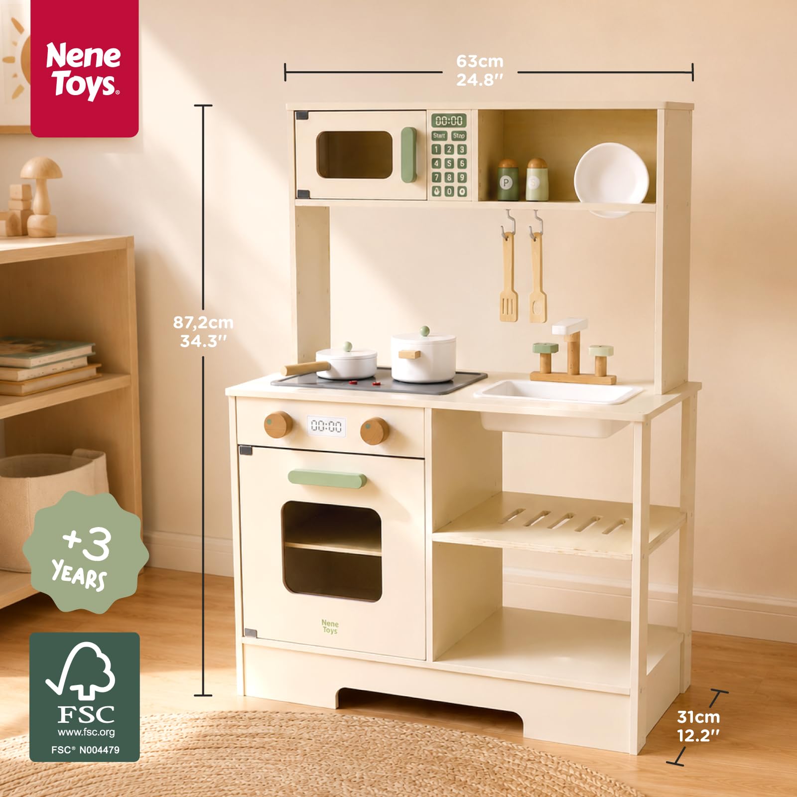Nene Toys Drewniana Kuchnia dla Dzieci z Światłem i Dźwiękiem – Kuchenka, Zlew, Mikrofala, Piekarnik, Półki i Haczyki + Akcesoria – Montessori 3+ – Prezent dla Dziewczynek i Chłopców