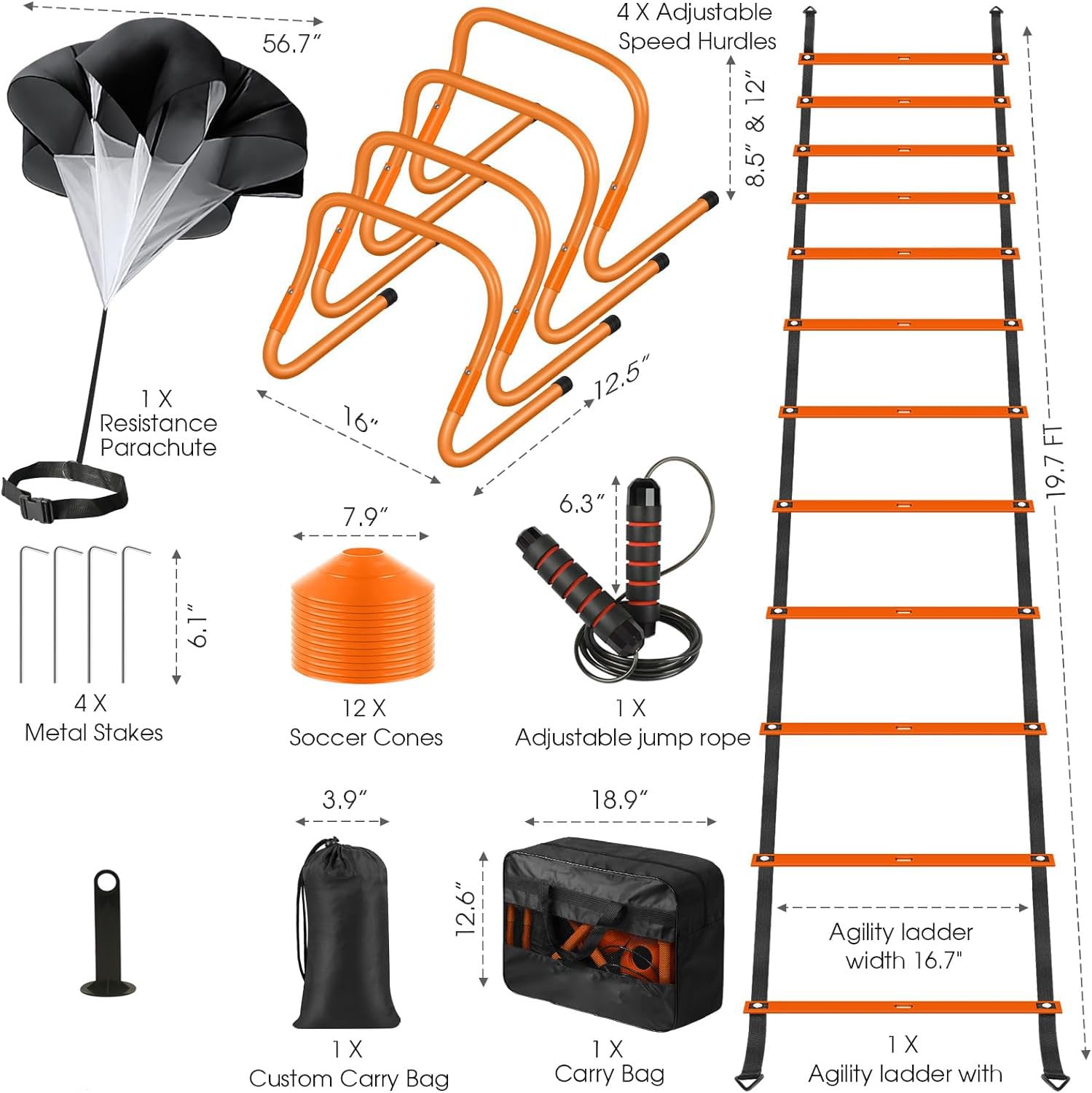 Agility Ladder Speed Training Equipment Set-20ft Agility Ladder,12 Soccer Cones,4 Hurdles, Jump Rope, Running Parachute| Basketball Football Soccer Training Equipment for Kids Youth Adults