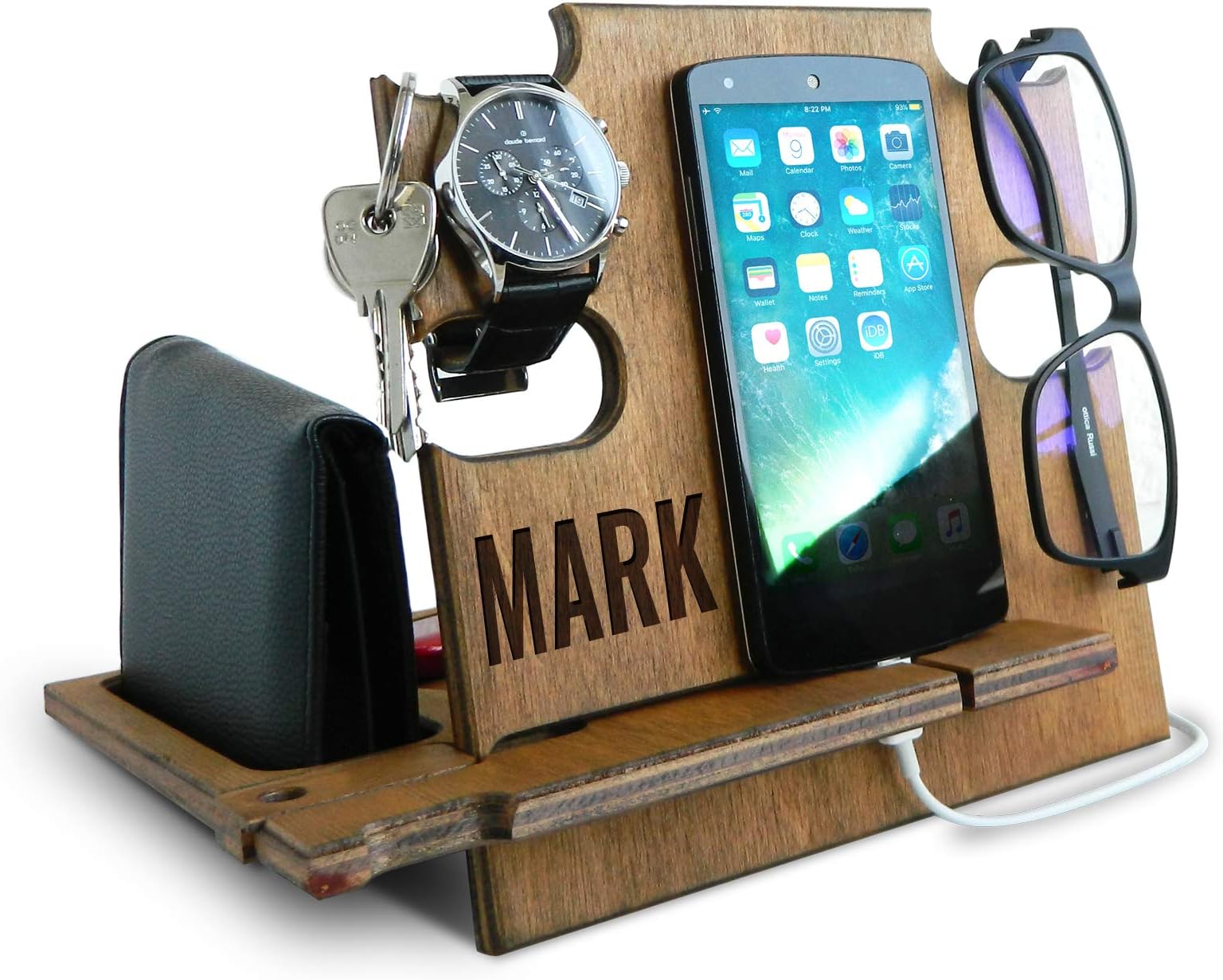 Personalized Gifts for Men, Cell Phone Stand, Wooden Desk Organizer, Phone Dock - Nightstand Charging Station, Phone Holder, Gift Ideas for Christmas, Birthday, Anniversary (Teak)