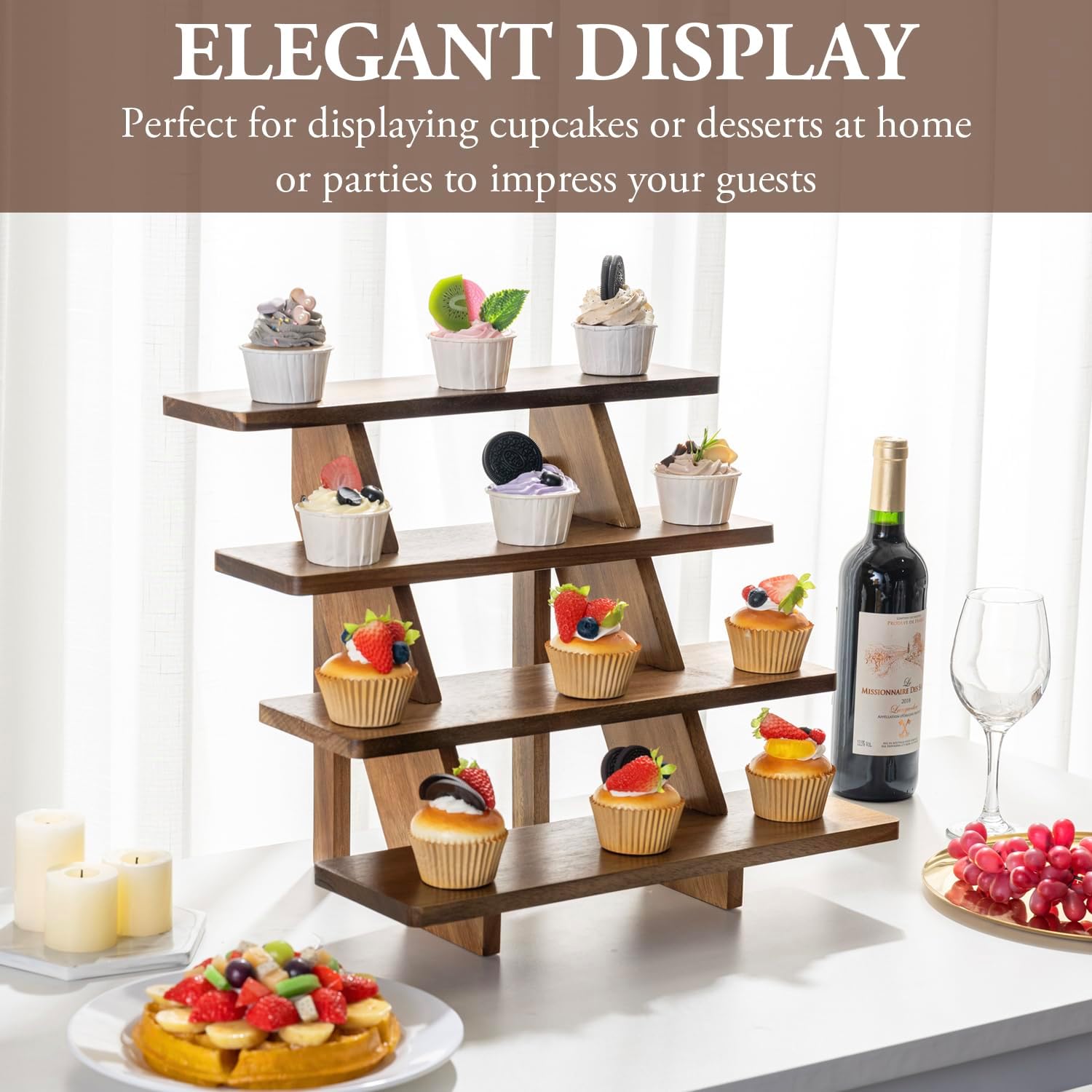 MyGift 4 Tier Premium Acacia Solid Wood Cupcake Display Stand, Rustic Burnt Wooden Step Tiered Tabletop Dessert Rack, Party Table Decoration or Retail Riser