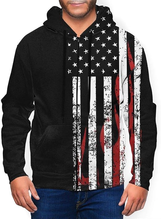 Us America Flag Black Mens Hoodie Midweight Sweatshirt Warm Athletic