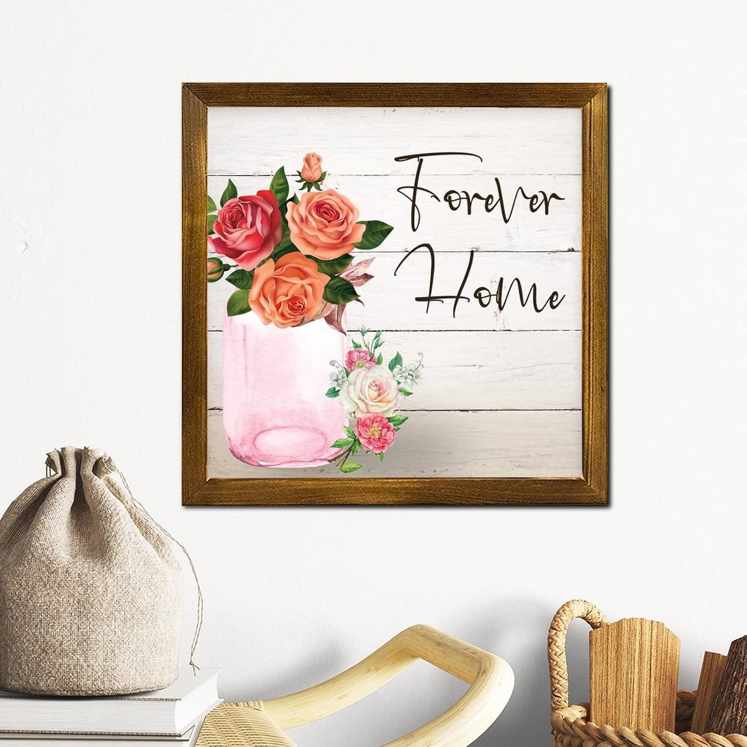 Forever Home Wood Framed Signs Spring Rose Flower in Vase Hanging Wall Art Classic Summer Floral Wood Home Wall Decoration for Laundry Room Bathroom Bedroom Home 12x12 inch