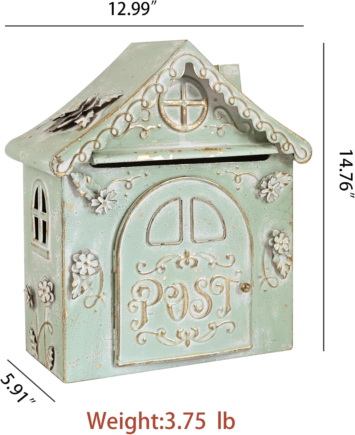 Vintage Wall Mount Mailbox for Outdoor Rustic Fairy-Tale Style Mail Box Metal Wall Hanging Post Box with 3D Floral Design for Home Garden Mantel Wall Decor & Letter Storage (Green#2)