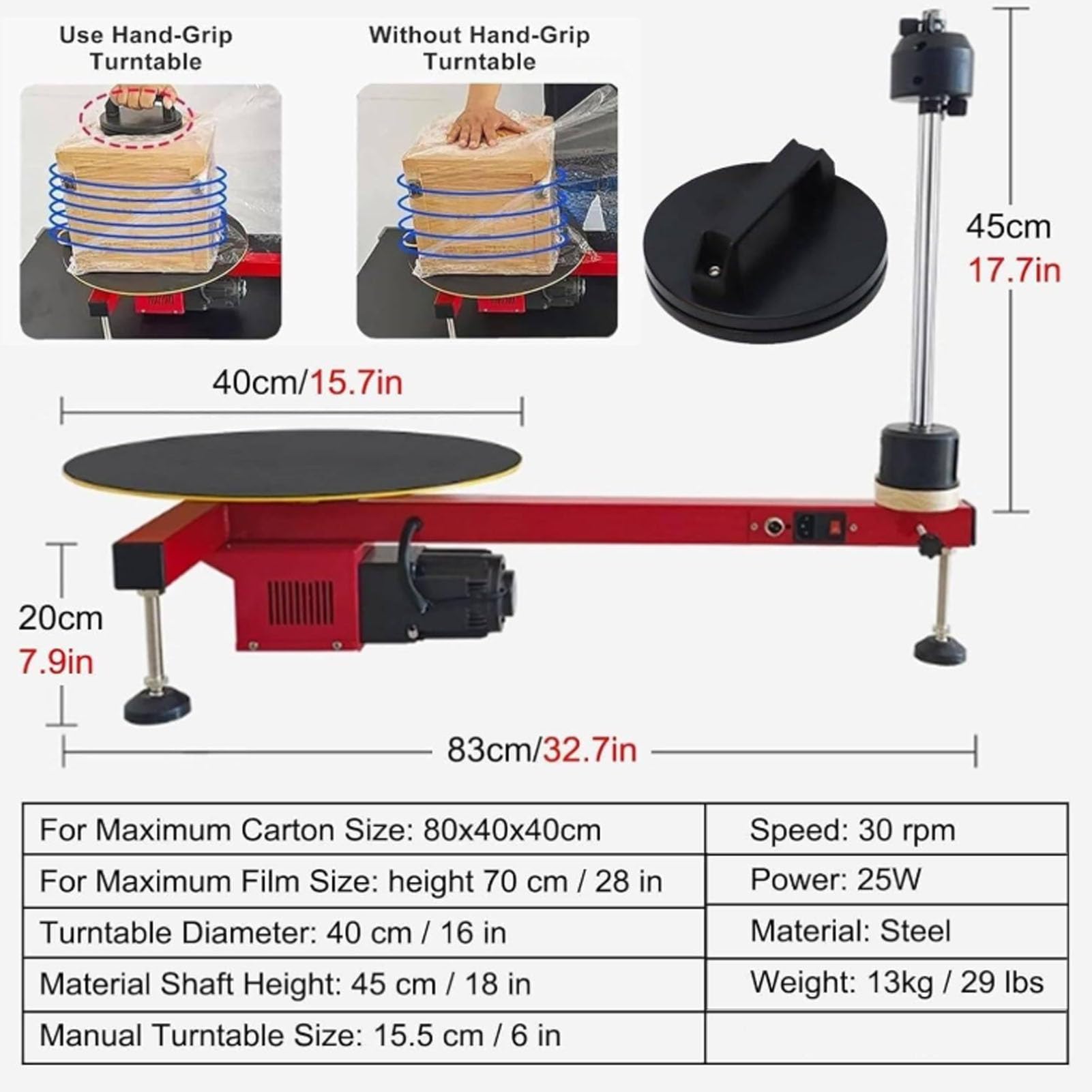 Elektrische Stretchfolienverpackungsmaschine, Palettenwickelspender mit Drehteller 15,7 Zoll, 30 U/min für Industrieverpackungen