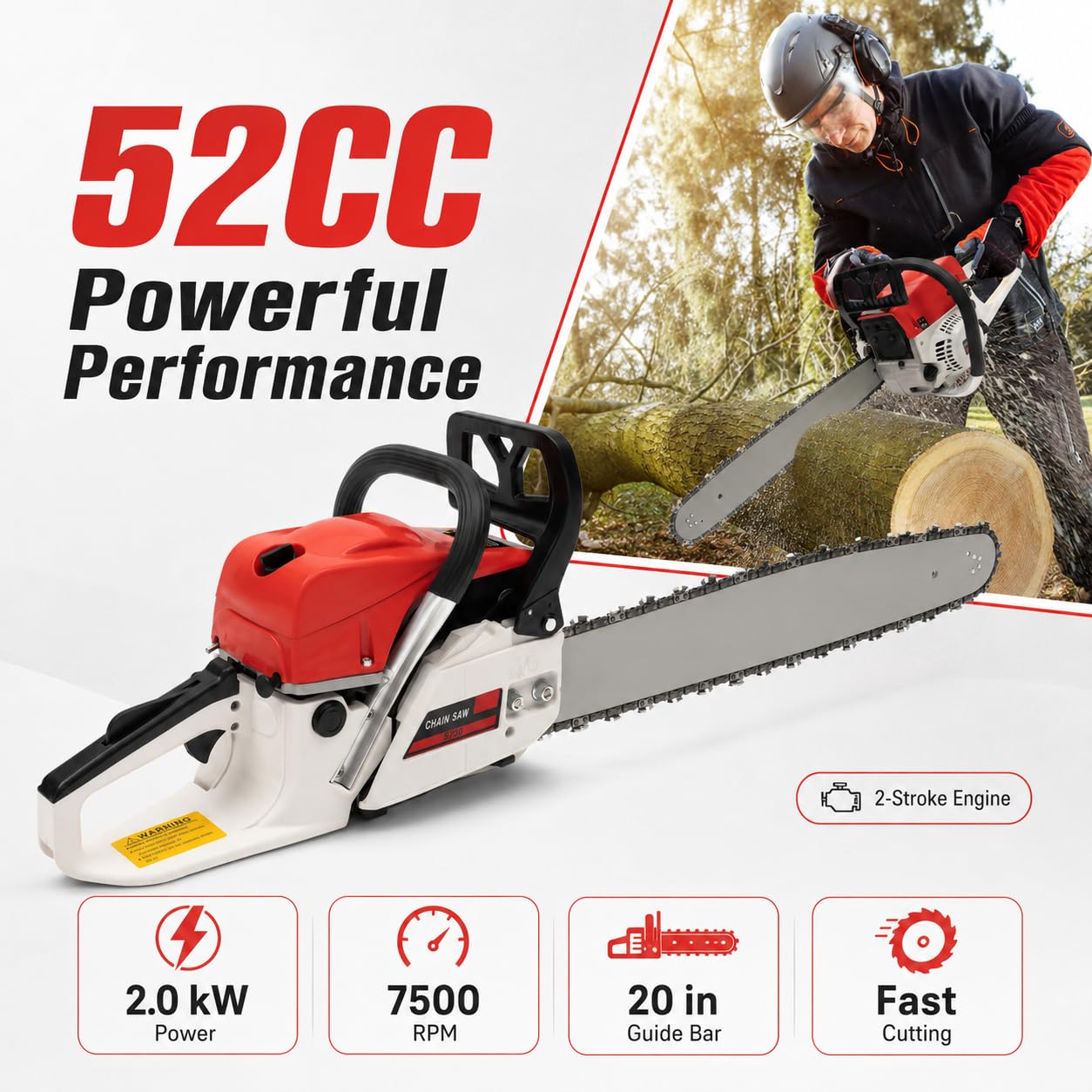 Motosierra de gasolina de 52 cc, motosierra a gas con cubierta de placa guía, 20 pulgadas, sierra de madera y gas, potencia del motor de 2 kW para leña, poda de árbol y cuidado del jardín, incluye