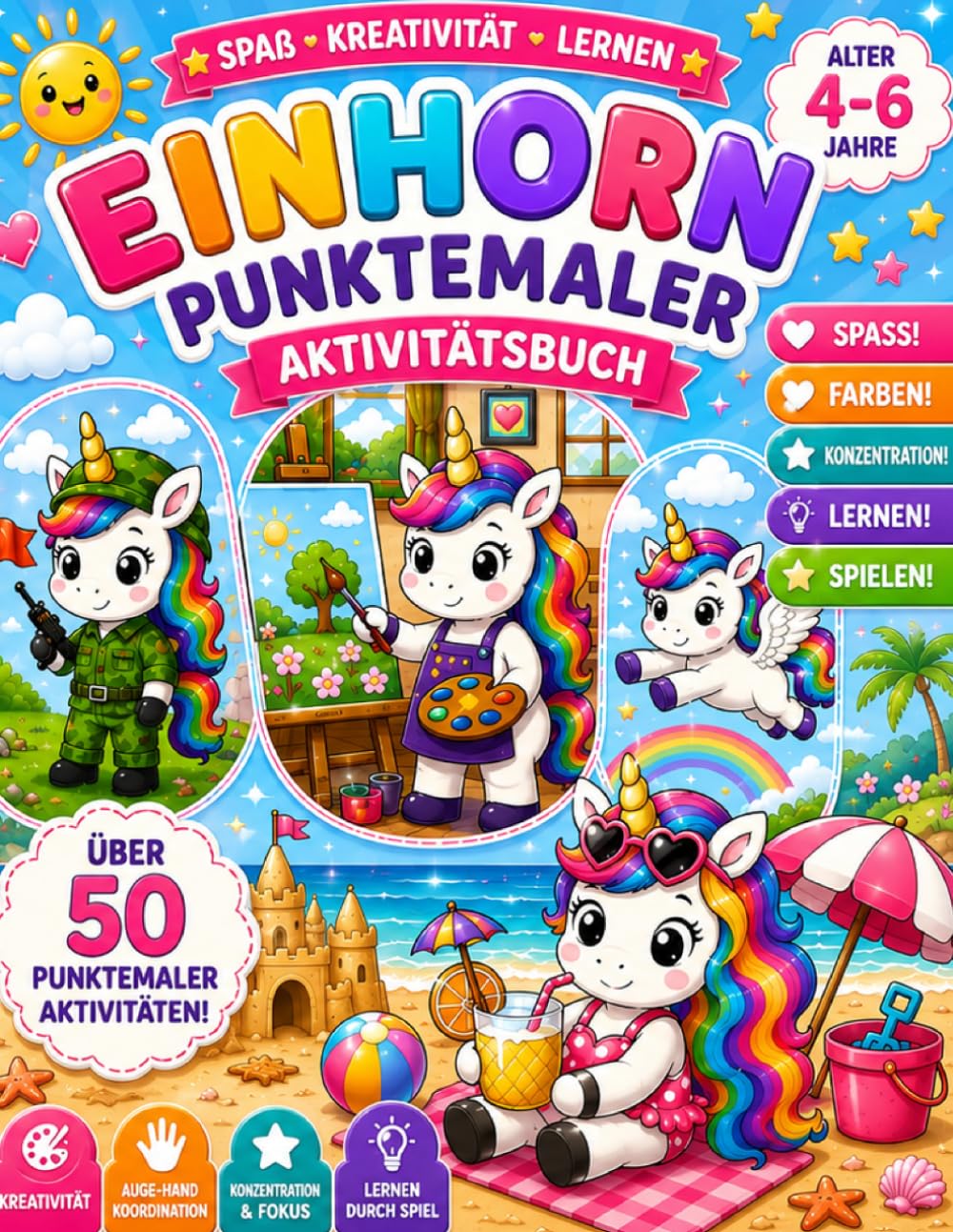 Einhorn Punktmaler Aktivitätsbuch für Kinder 4–6 Jahre: 50 Magische Dot Marker Aktivitäten zum Lernen, Spielen und Kreativsein
