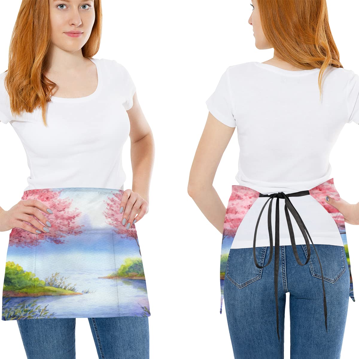 bisibuy Pink Flower Tree 3 Pack Server Aprons with 3 Pockets, River Landscape Waitress Waiter Wasit Apron for Women Men Restaurant Bistro Cafe Bars Half Aprons Waitress Server Accessories